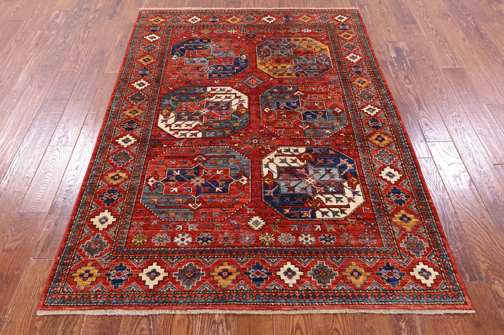Red Turkmen Ersari Handmade Wool Rug - 4' 10" X 6' 10" - Golden Nile