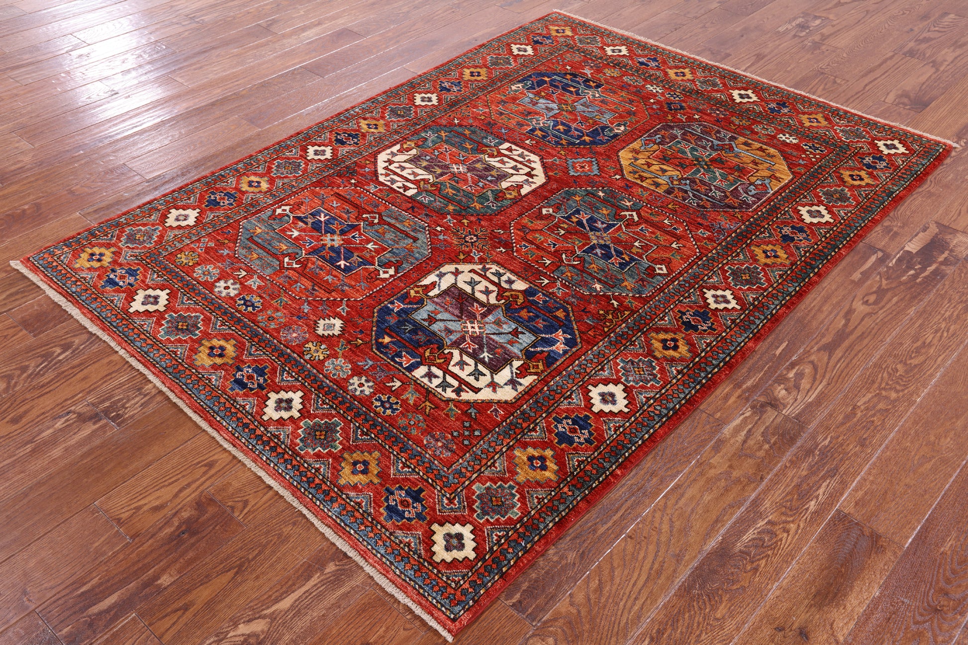 Red Turkmen Ersari Handmade Wool Rug - 4' 10" X 6' 10" - Golden Nile