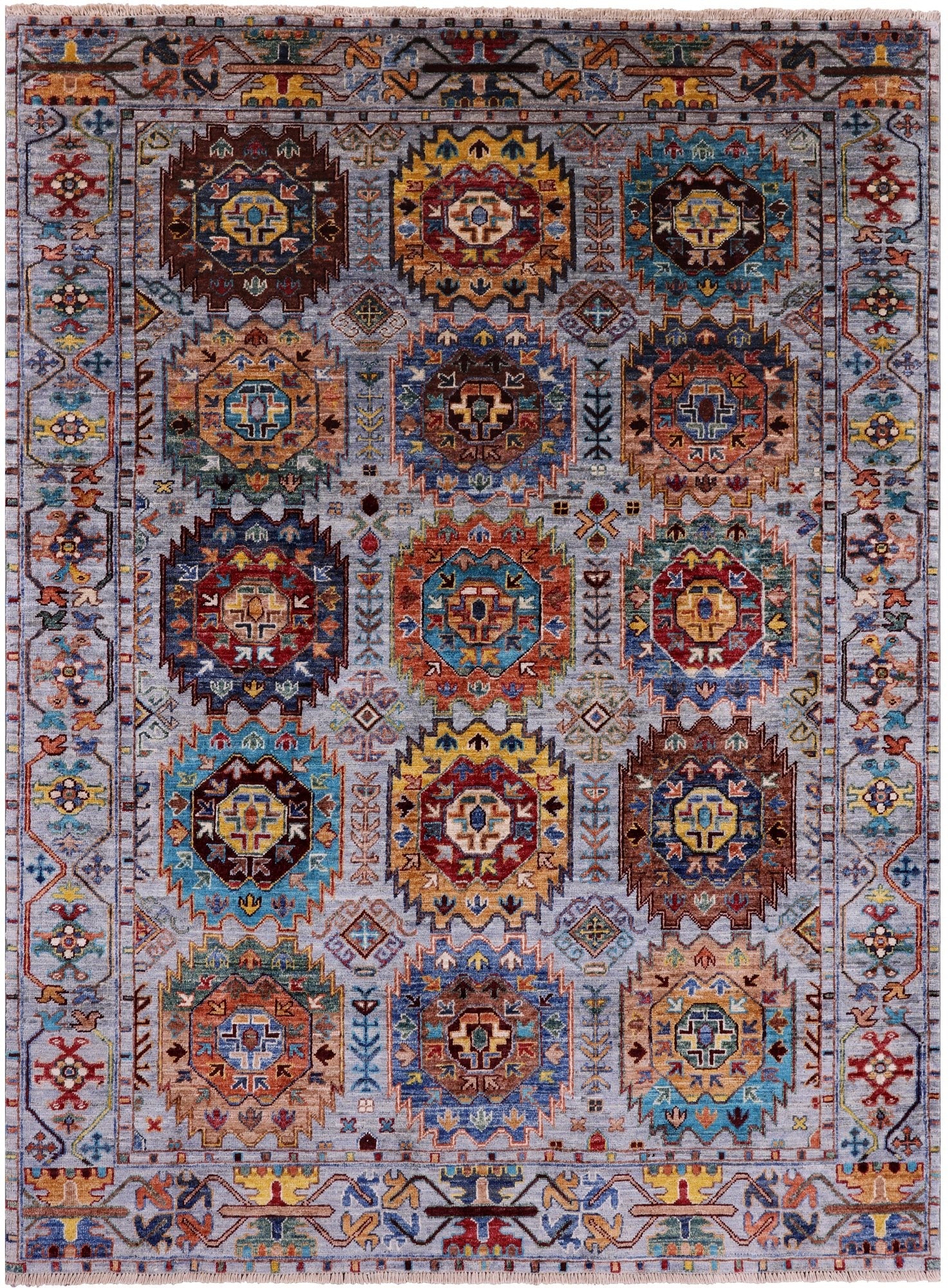 Grey Turkmen Ersari Hand Knotted Wool Rug - 4' 11" X 6' 8" - Golden Nile