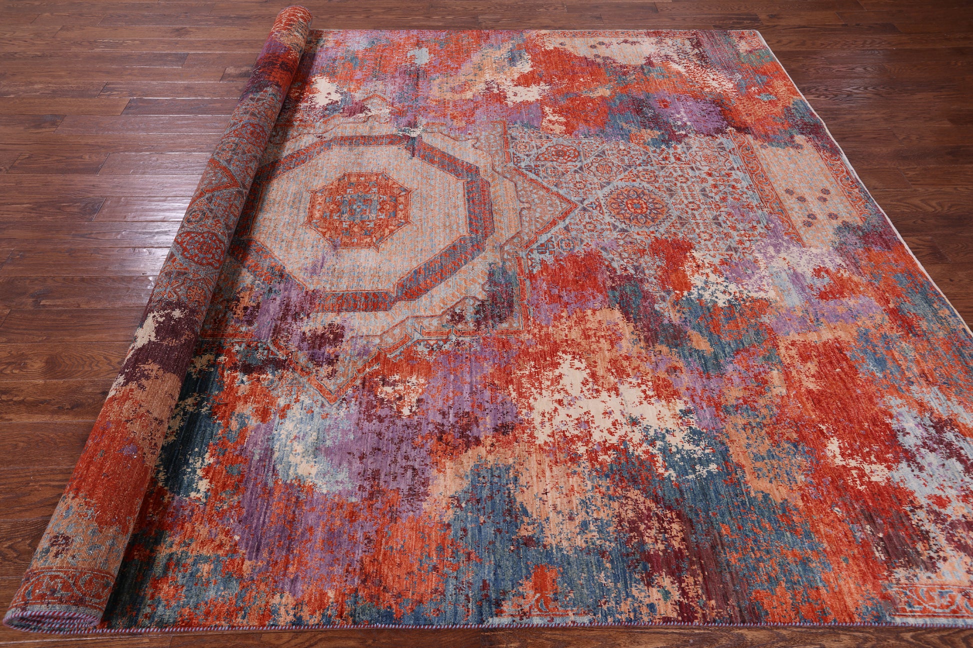 Abstract Modern Mamluk Hand Knotted Wool Rug - 8' 8" X 11' 8" - Golden Nile