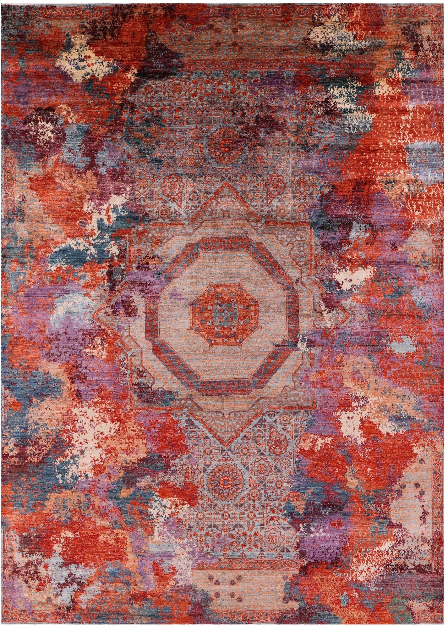Abstract Modern Mamluk Hand Knotted Wool Rug - 8' 8" X 11' 8" - Golden Nile
