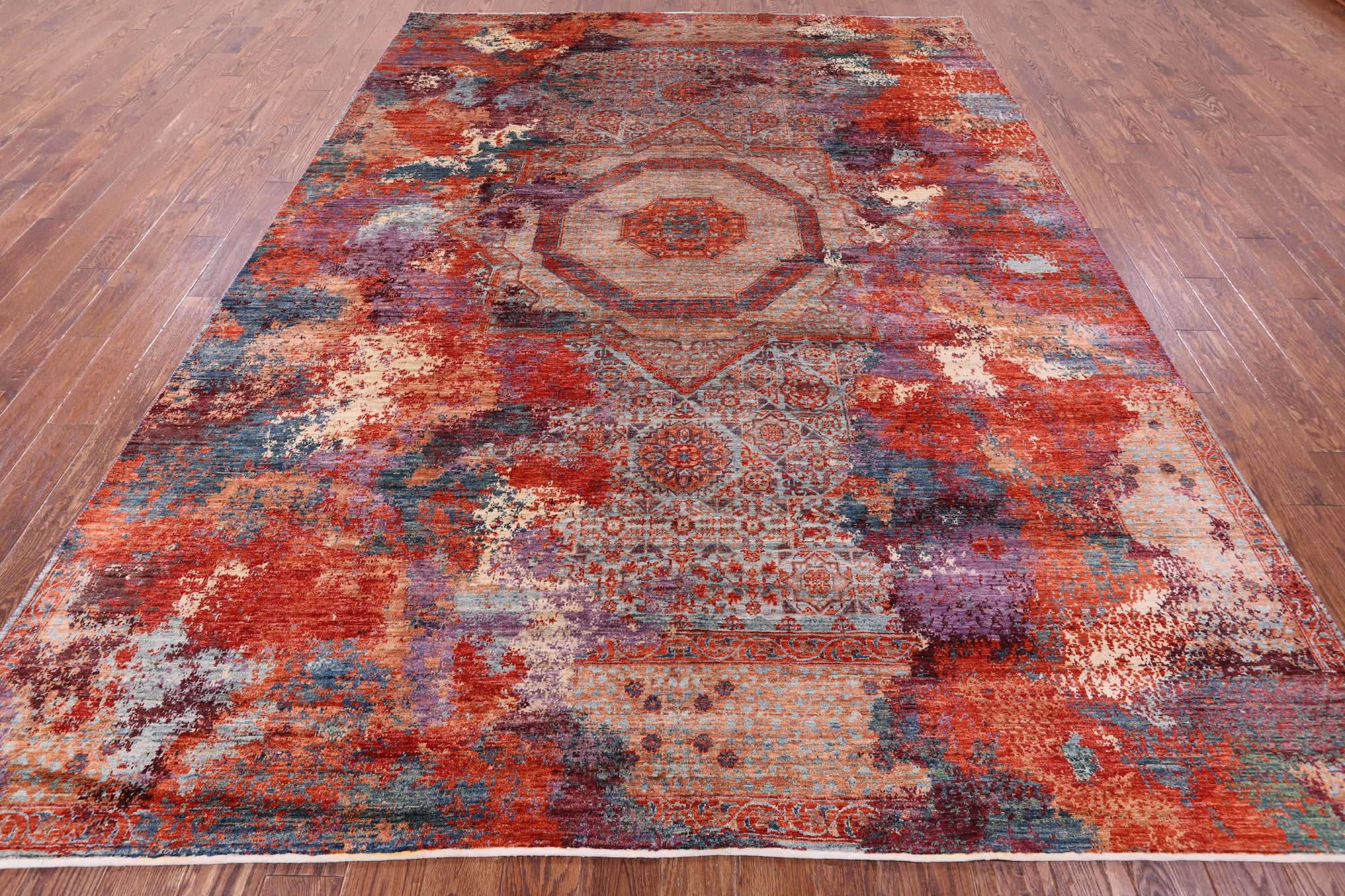 Abstract Modern Mamluk Hand Knotted Wool Rug - 8' 8" X 11' 8" - Golden Nile