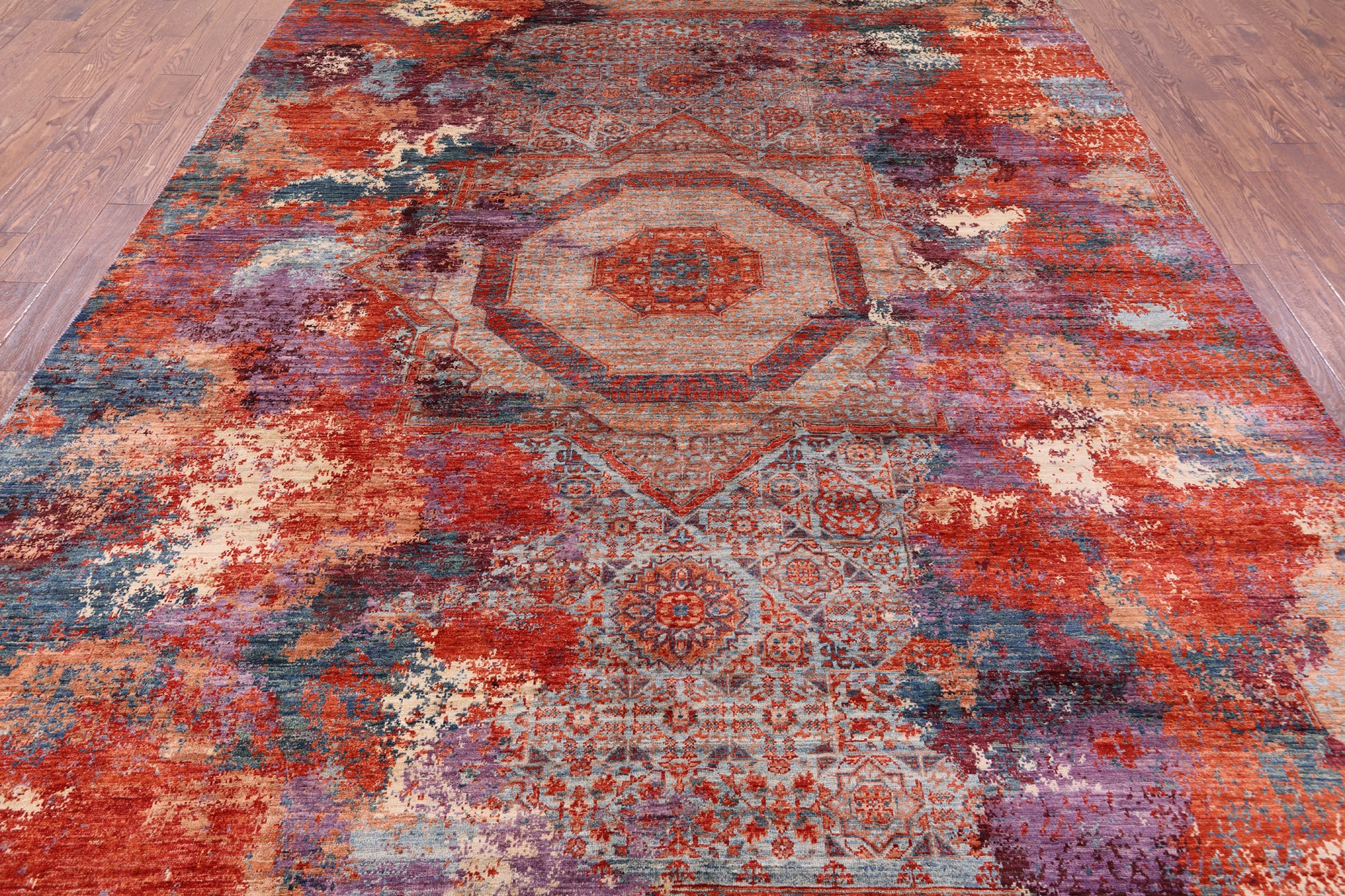 Abstract Modern Mamluk Hand Knotted Wool Rug - 8' 8" X 11' 8" - Golden Nile