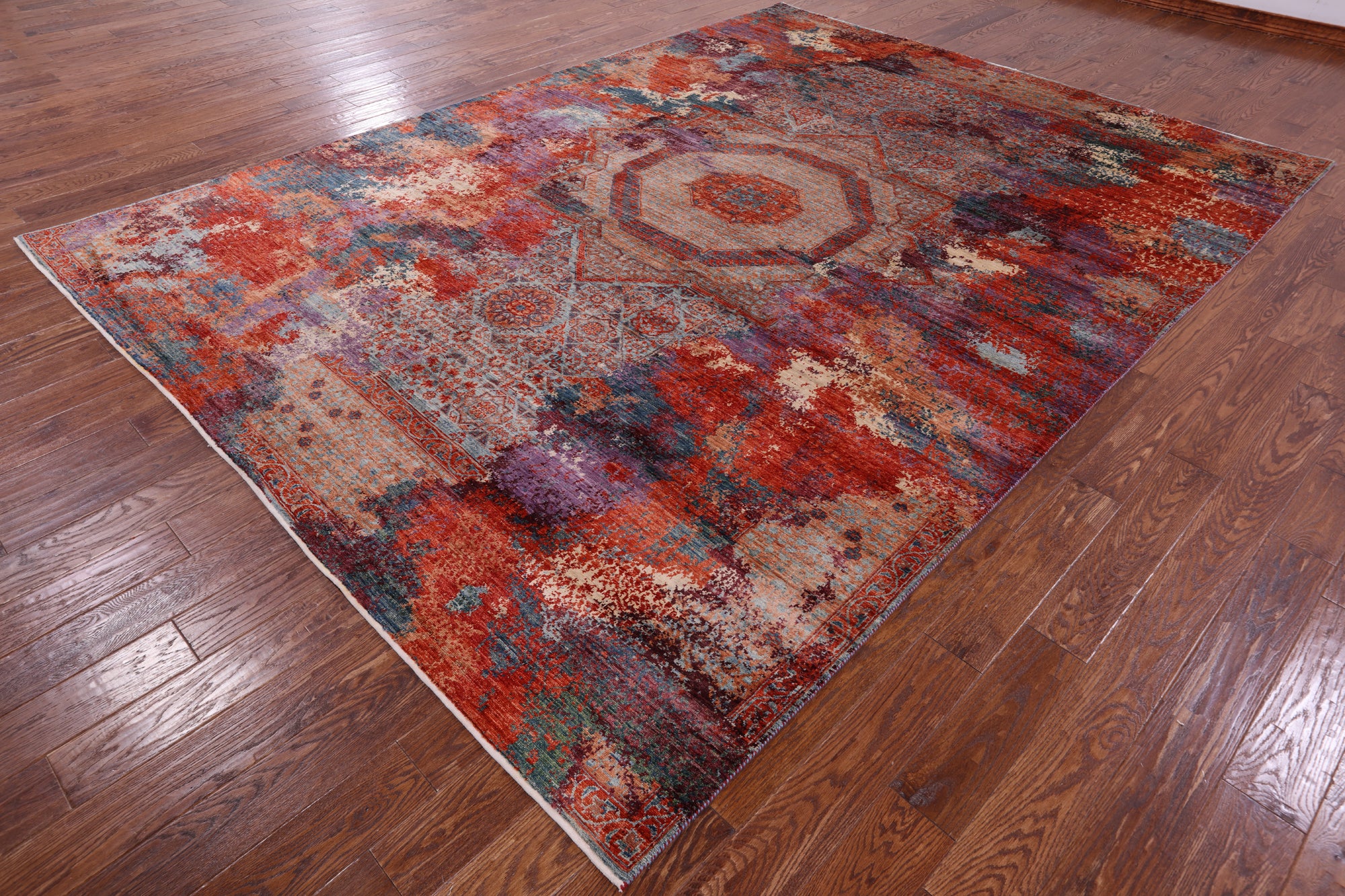 Abstract Modern Mamluk Hand Knotted Wool Rug - 8' 8" X 11' 8" - Golden Nile