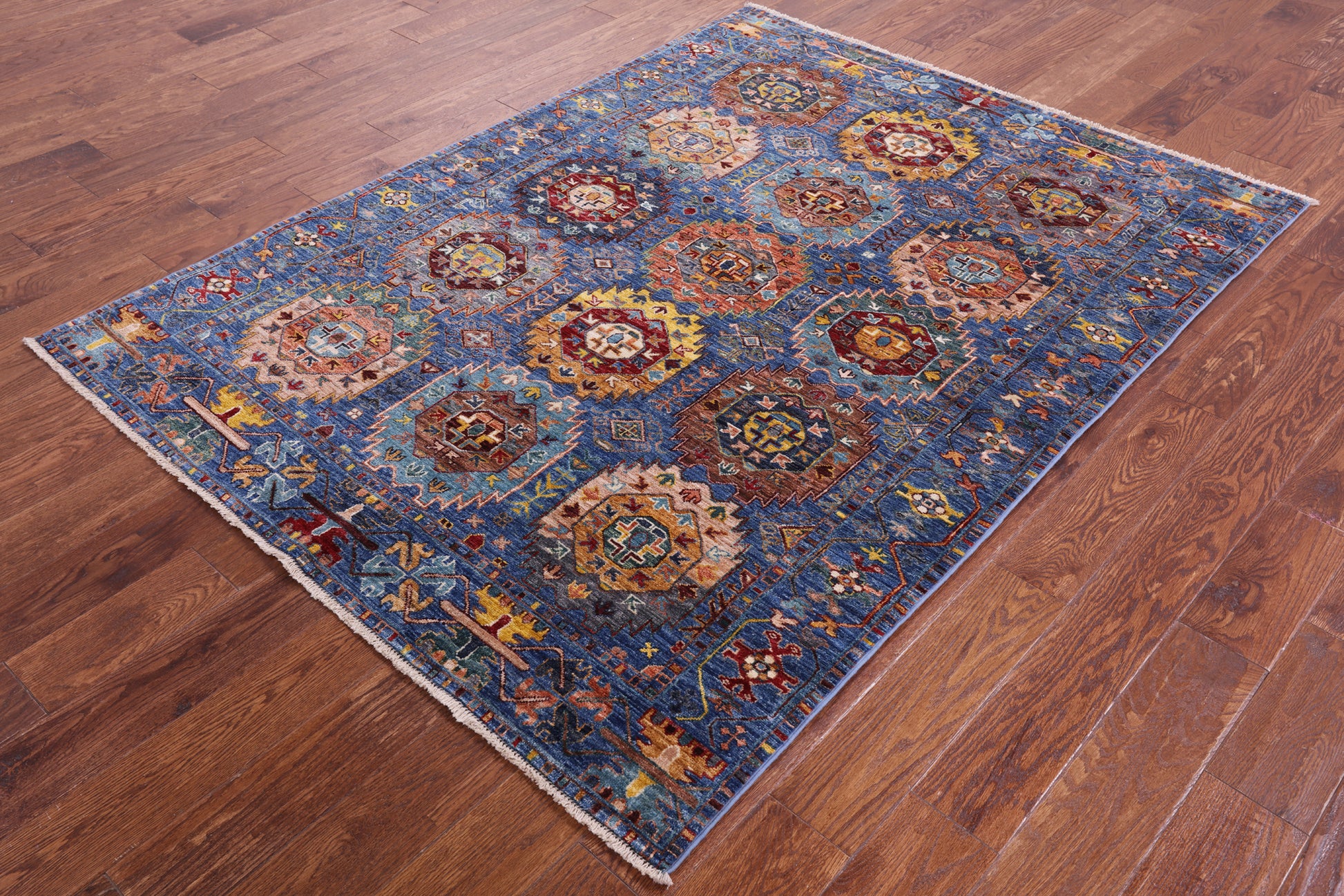 Blue Turkmen Ersari Hand Knotted Wool Rug - 4' 11" X 6' 9" - Golden Nile