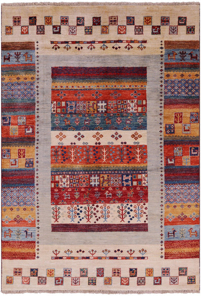 Persian Gabbeh Hand Knotted Wool Rug - 4' 0" X 5' 9" - Golden Nile