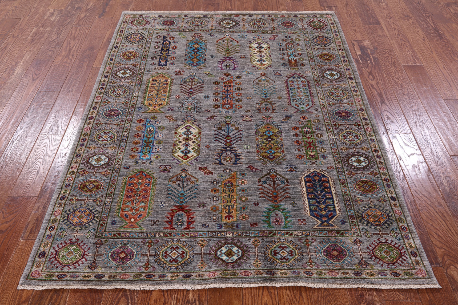 Grey Turkmen Ersari Handmade Wool Rug - 5' 1" X 6' 8" - Golden Nile