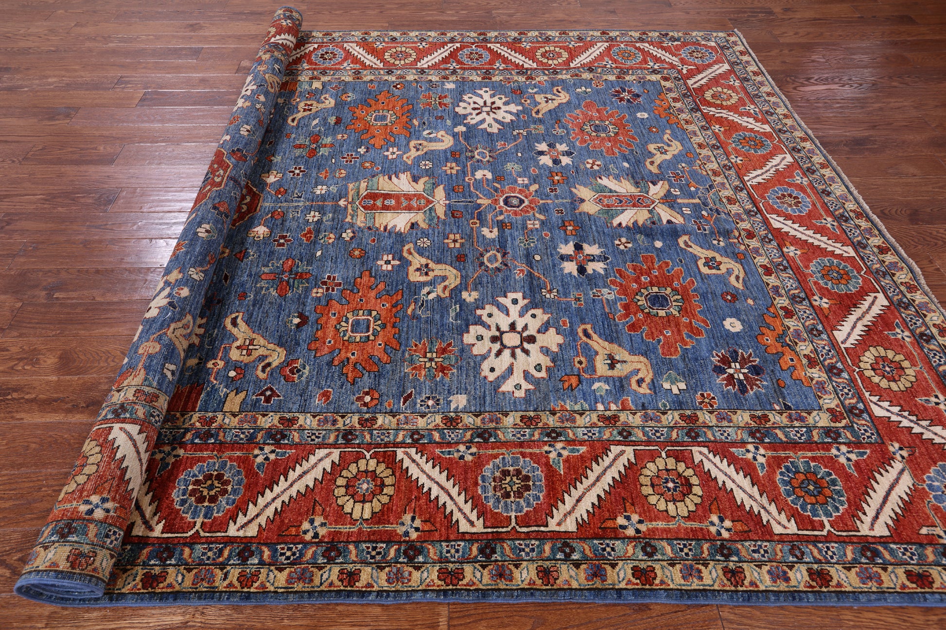 Blue Persian Fine Serapi Hand Knotted Wool Rug - 8' 2" X 10' 0" - Golden Nile