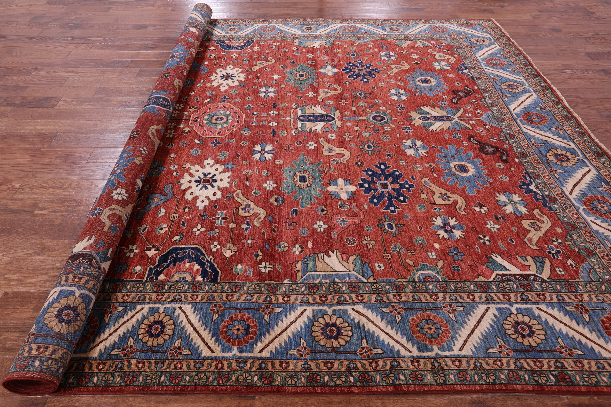 Red Persian Fine Serapi Hand Knotted Wool Rug - 10' 0" X 13' 6" - Golden Nile