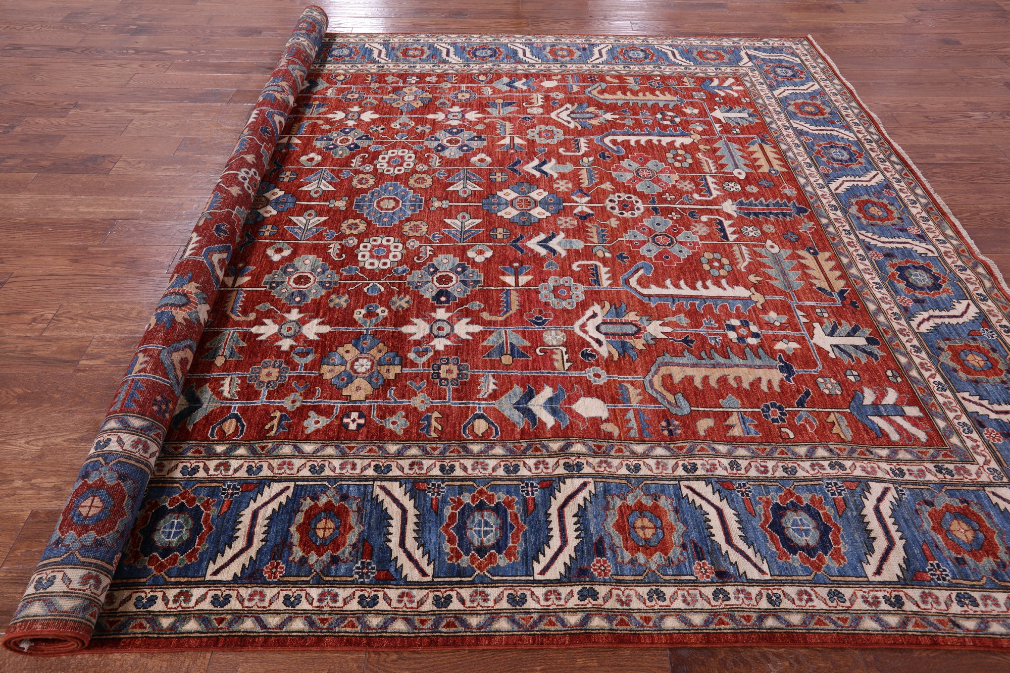 Red Persian Fine Serapi Hand Knotted Wool Rug - 9' 1" X 11' 11" - Golden Nile