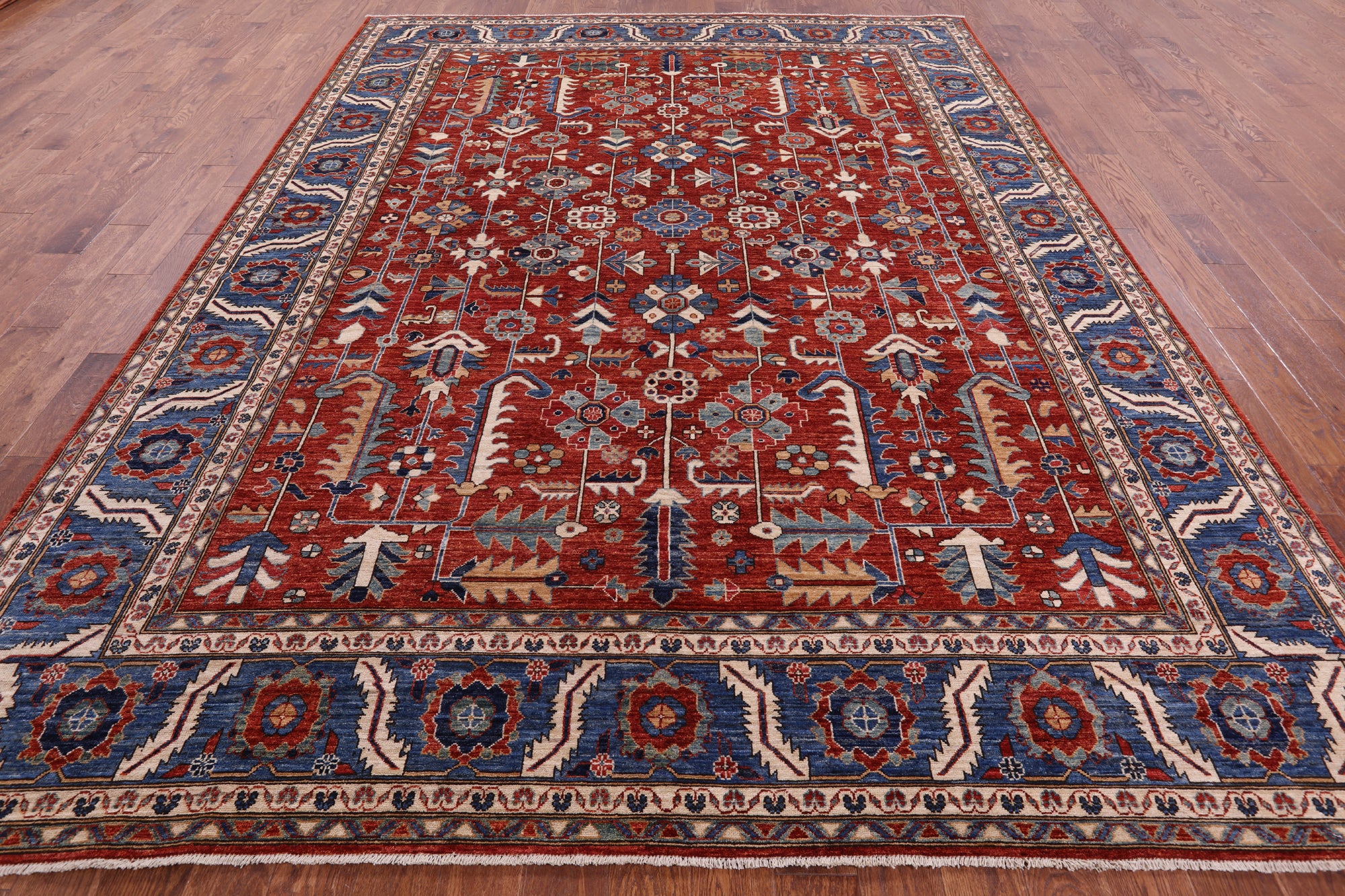 Red Persian Fine Serapi Hand Knotted Wool Rug - 9' 1" X 11' 11" - Golden Nile