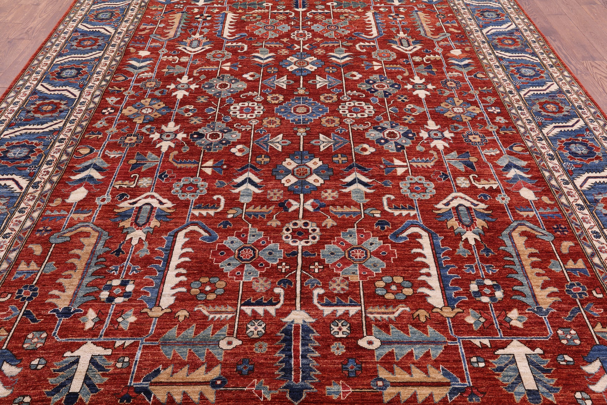 Red Persian Fine Serapi Hand Knotted Wool Rug - 9' 1" X 11' 11" - Golden Nile