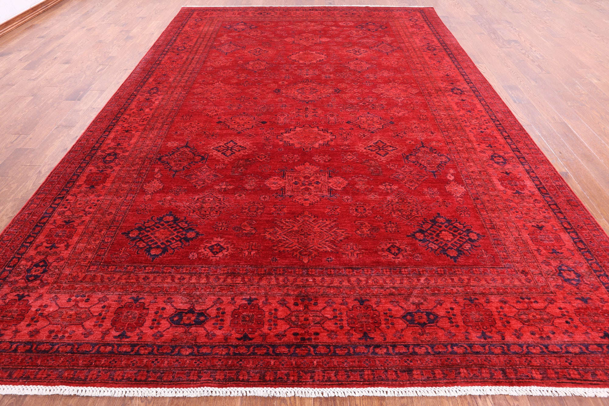 Red Super Kazak Full Pile Overdyed Hand Knotted Wool Rug - 9' 10" X 13' 10" - Golden Nile