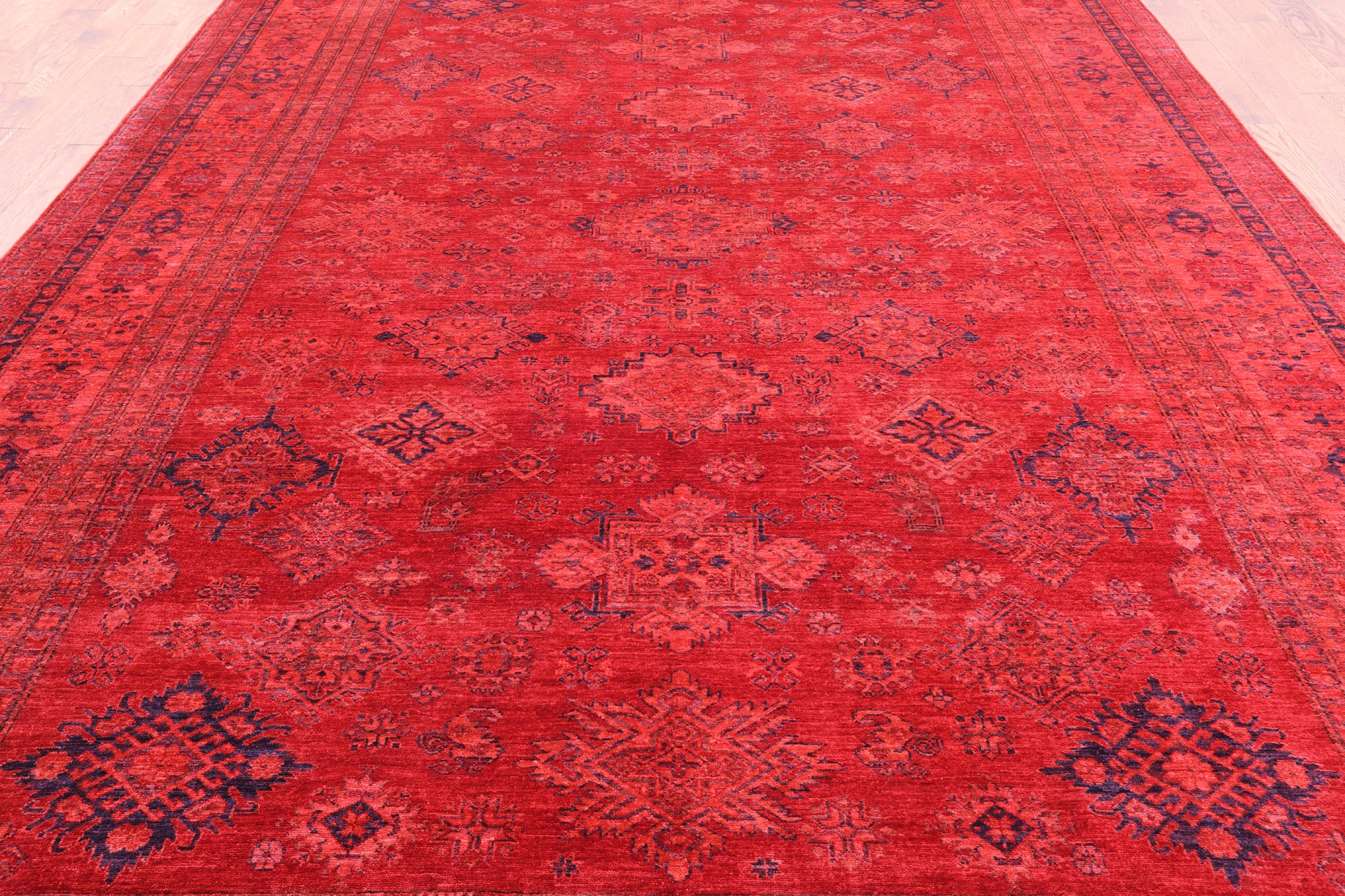 Red Super Kazak Full Pile Overdyed Hand Knotted Wool Rug - 9' 10" X 13' 10" - Golden Nile
