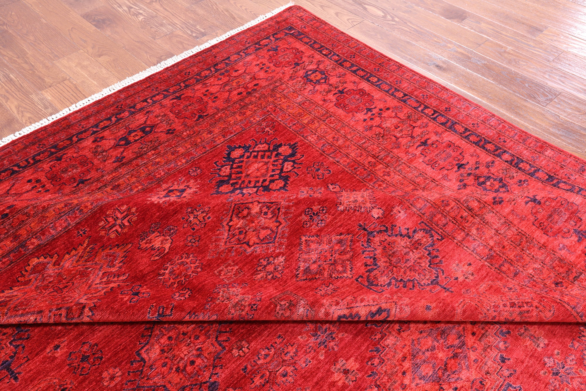 Red Super Kazak Full Pile Overdyed Hand Knotted Wool Rug - 9' 10" X 13' 10" - Golden Nile