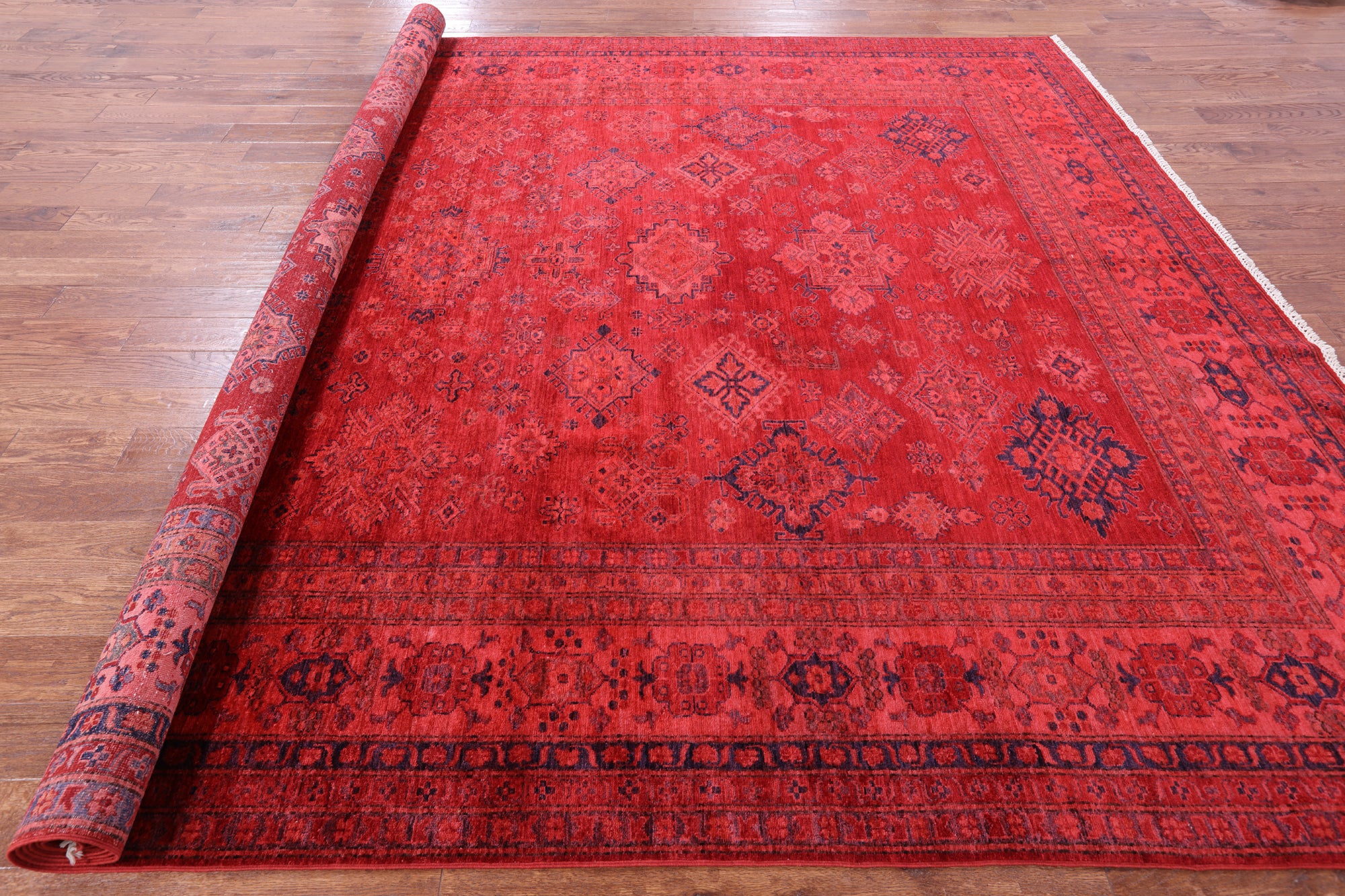 Red Super Kazak Full Pile Overdyed Hand Knotted Wool Rug - 9' 10" X 13' 10" - Golden Nile