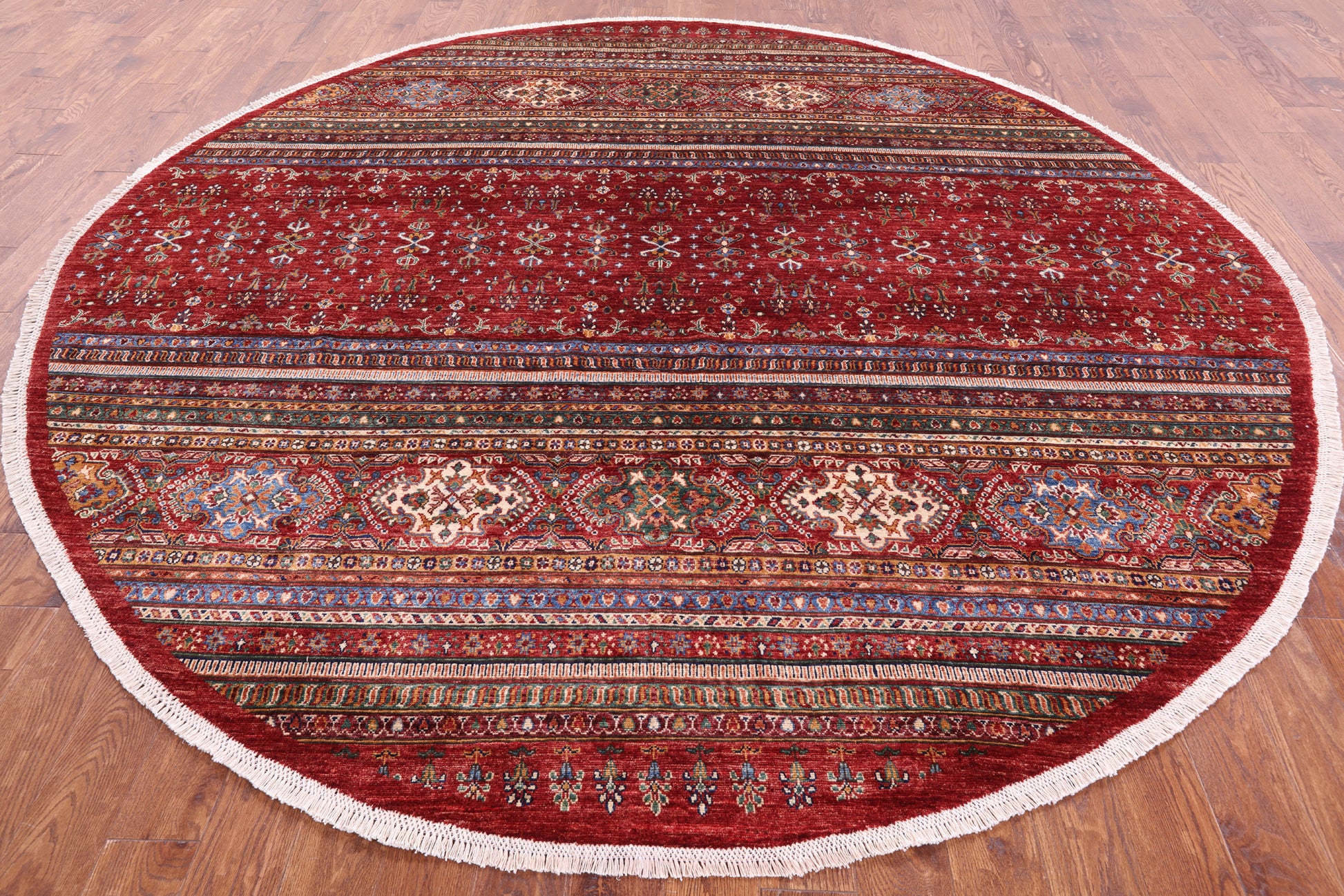 Red Round Khorjin Persian Gabbeh Hand Knotted Wool Rug - 9' 7" X 9' 7" - Golden Nile