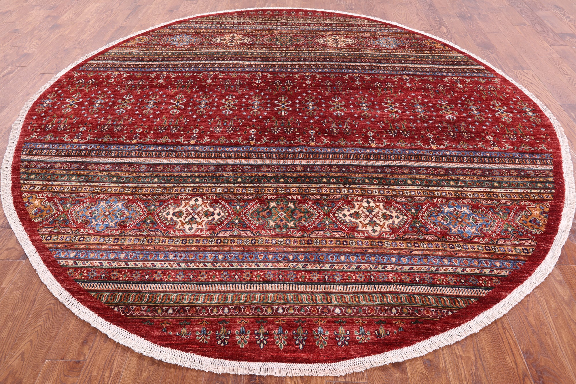 Red Round Khorjin Persian Gabbeh Hand Knotted Wool Rug - 9' 7" X 9' 7" - Golden Nile