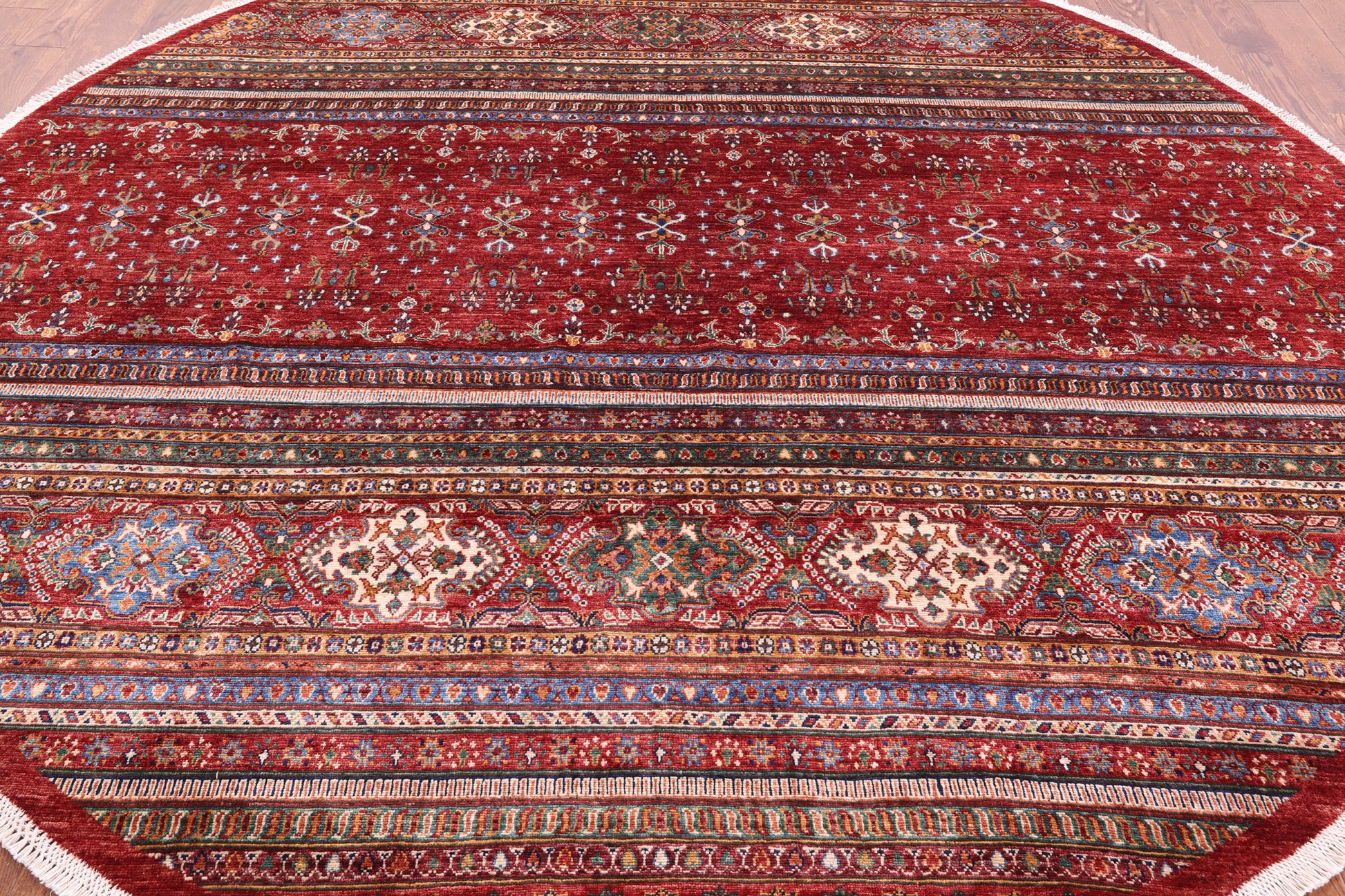 Red Round Khorjin Persian Gabbeh Hand Knotted Wool Rug - 9' 7" X 9' 7" - Golden Nile
