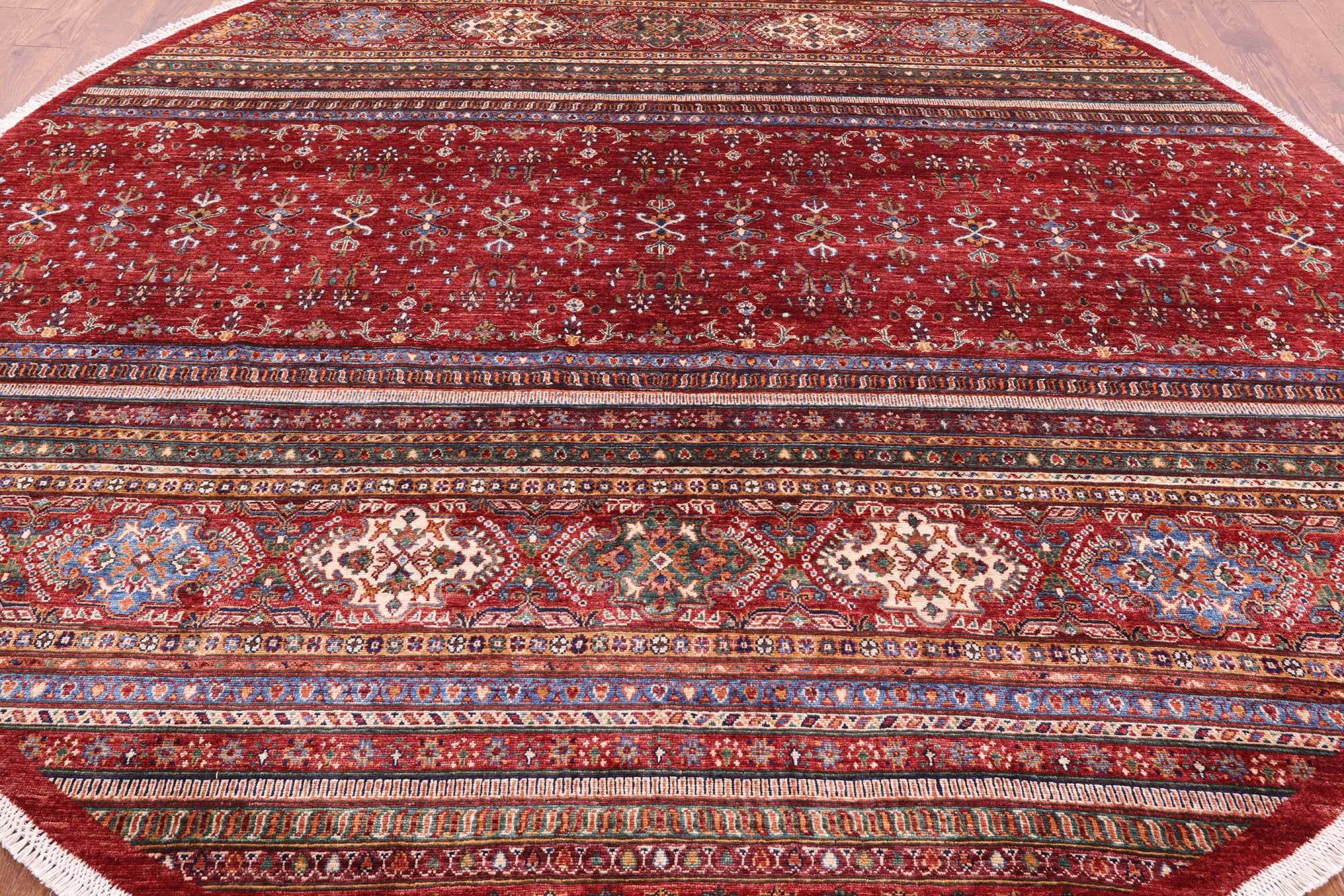 Red Round Khorjin Persian Gabbeh Hand Knotted Wool Rug - 9' 7" X 9' 7" - Golden Nile