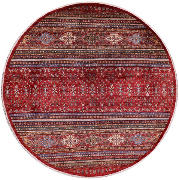 Red Round Khorjin Persian Gabbeh Hand Knotted Wool Rug - 9' 7" X 9' 7" - Golden Nile