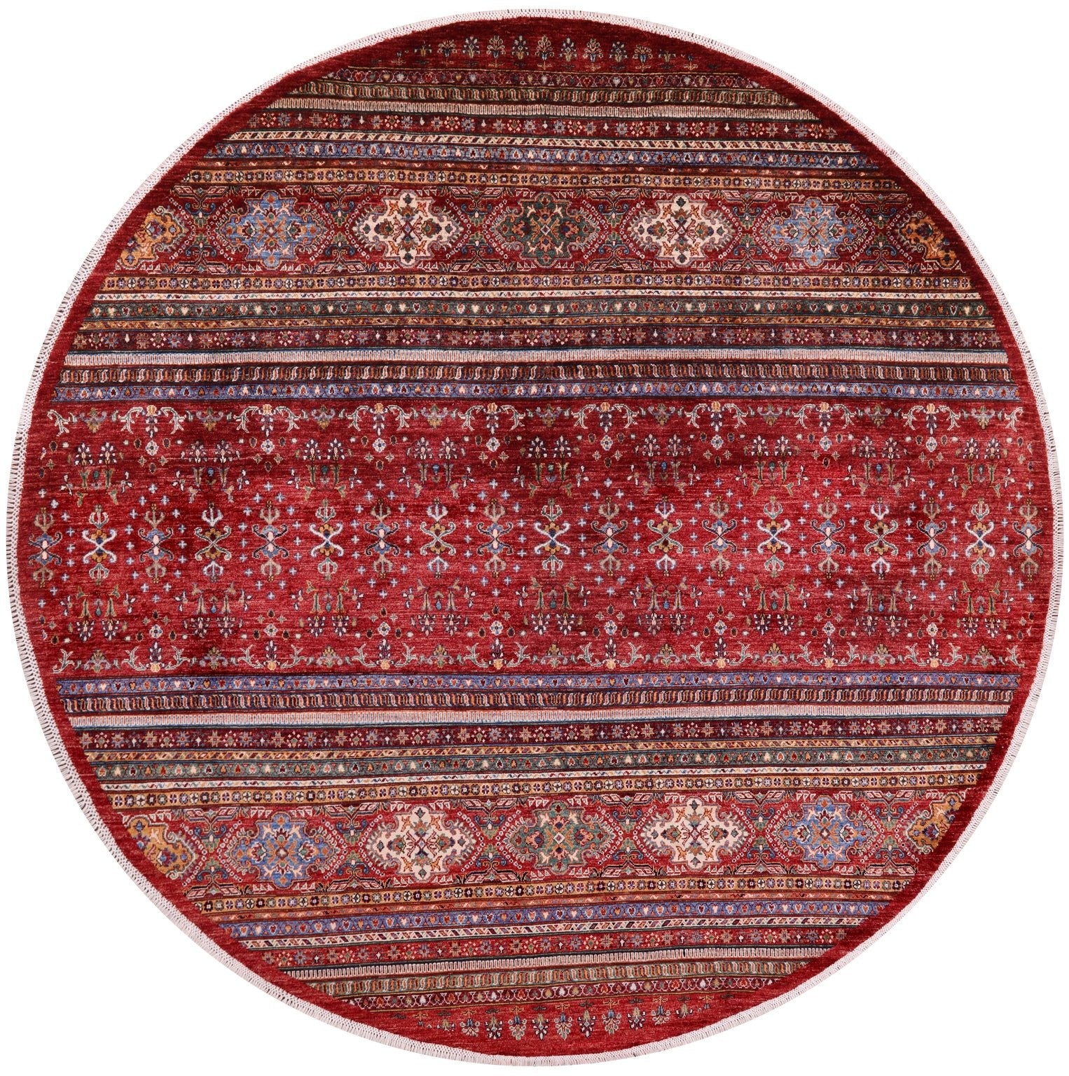 Red Round Khorjin Persian Gabbeh Hand Knotted Wool Rug - 9' 7" X 9' 7" - Golden Nile