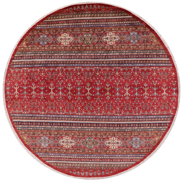 Red Round Khorjin Persian Gabbeh Handmade Wool Rug - 9' 6" X 9' 7" - Golden Nile
