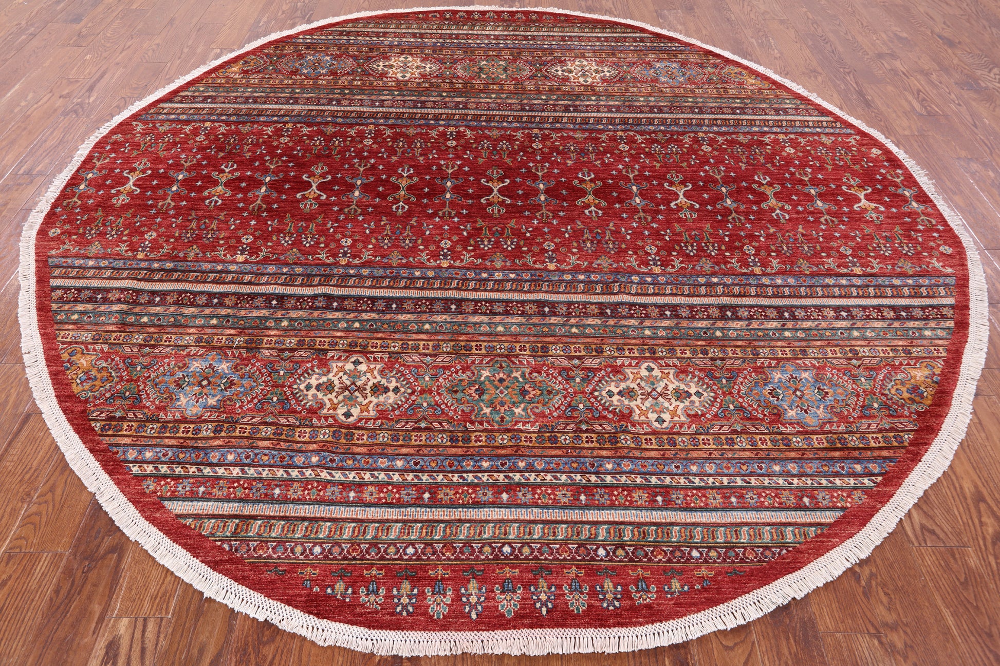 Red Round Khorjin Persian Gabbeh Handmade Wool Rug - 9' 6" X 9' 7" - Golden Nile