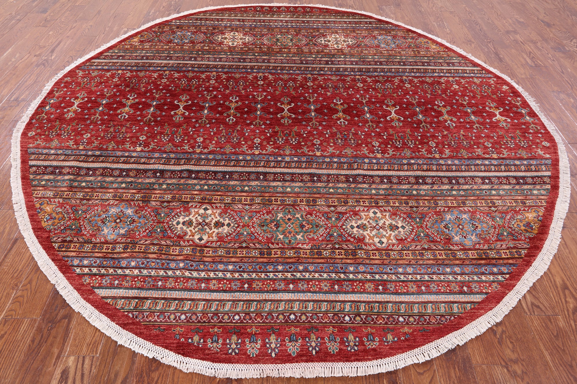 Red Round Khorjin Persian Gabbeh Handmade Wool Rug - 9' 6" X 9' 7" - Golden Nile