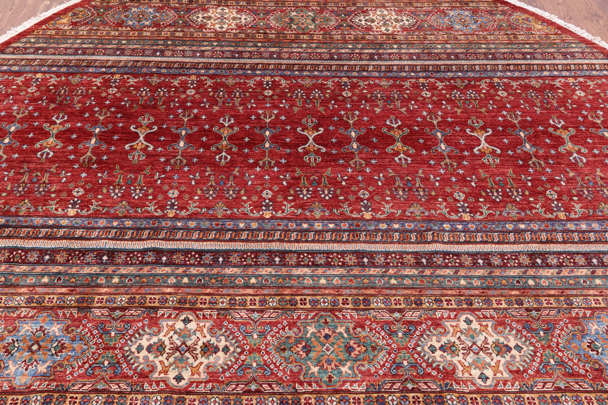 Red Round Khorjin Persian Gabbeh Handmade Wool Rug - 9' 6" X 9' 7" - Golden Nile
