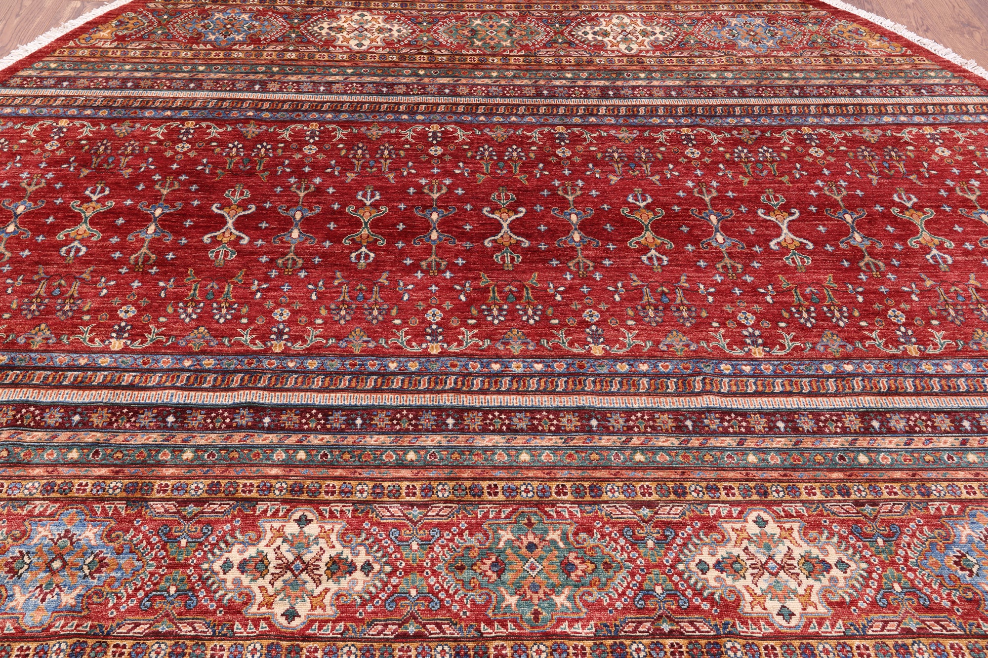 Red Round Khorjin Persian Gabbeh Handmade Wool Rug - 9' 6" X 9' 7" - Golden Nile