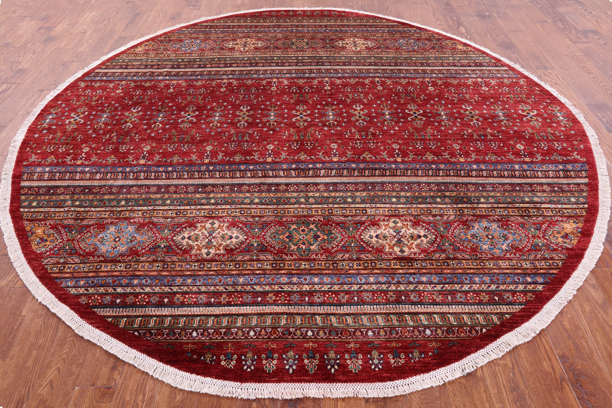 Red Round Khorjin Persian Gabbeh Hand Knotted Wool Rug - 9' 8" X 9' 9" - Golden Nile