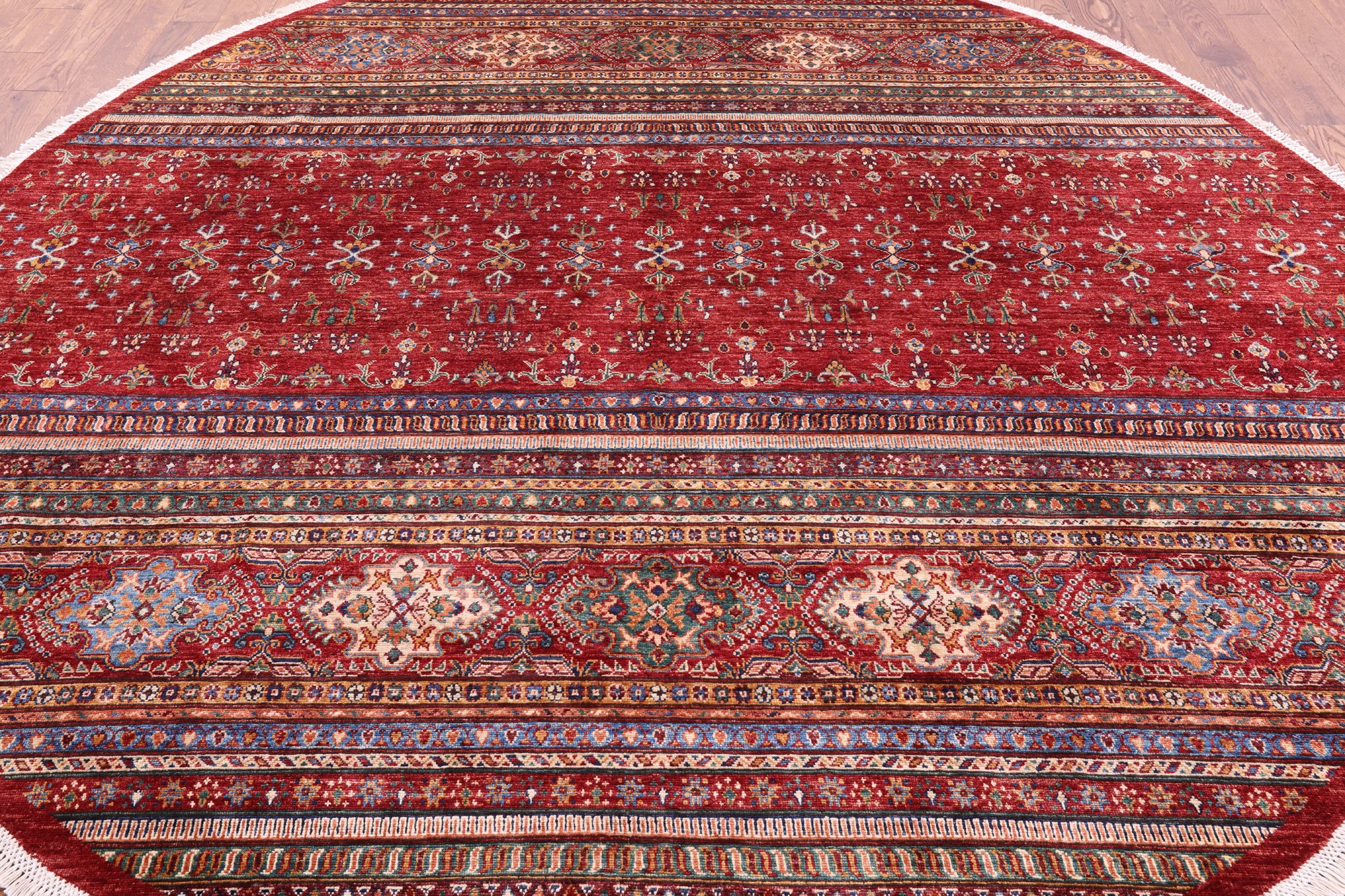 Red Round Khorjin Persian Gabbeh Hand Knotted Wool Rug - 9' 8" X 9' 9" - Golden Nile