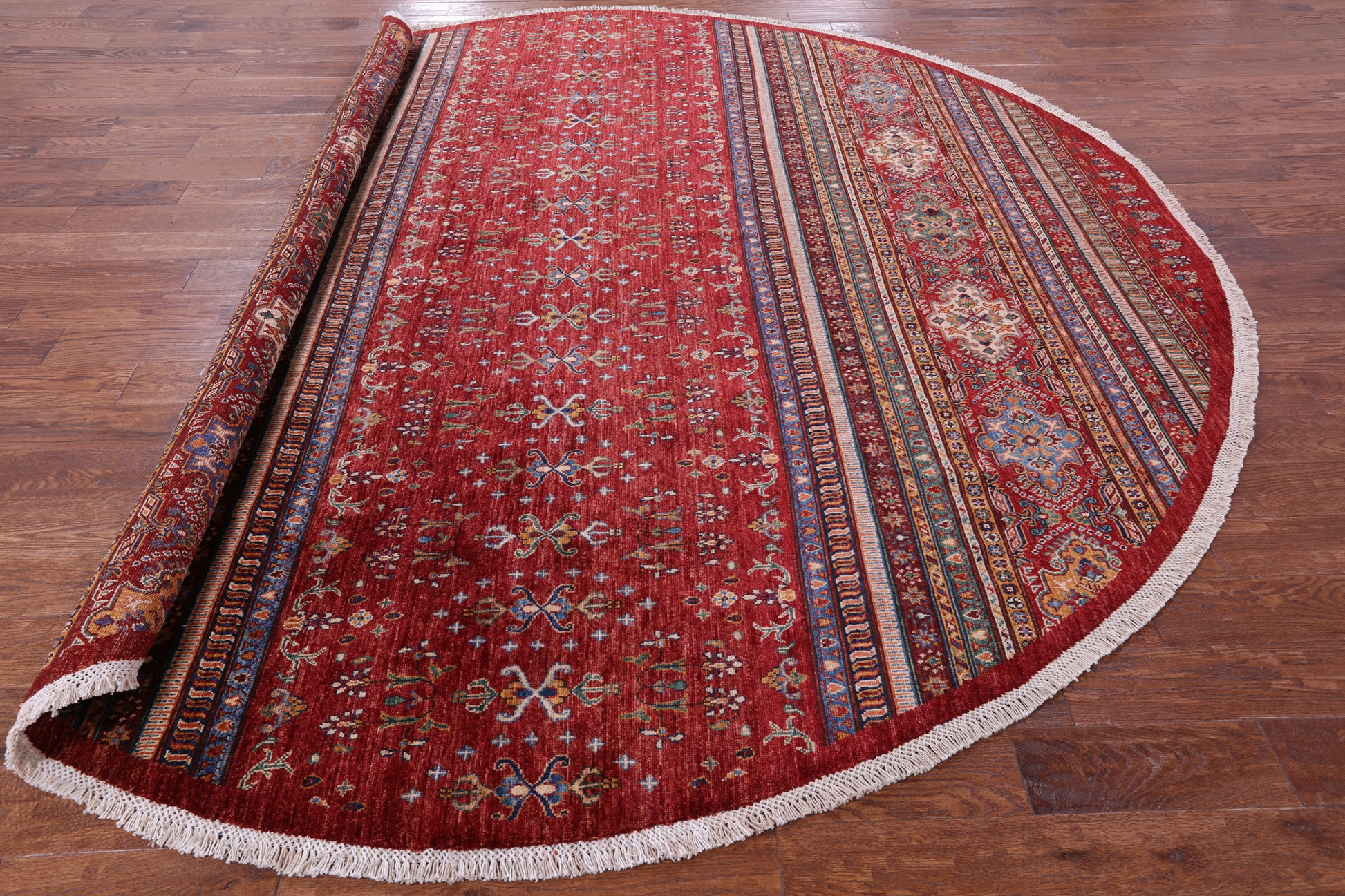 Red Round Khorjin Persian Gabbeh Hand Knotted Wool Rug - 9' 8" X 9' 9" - Golden Nile