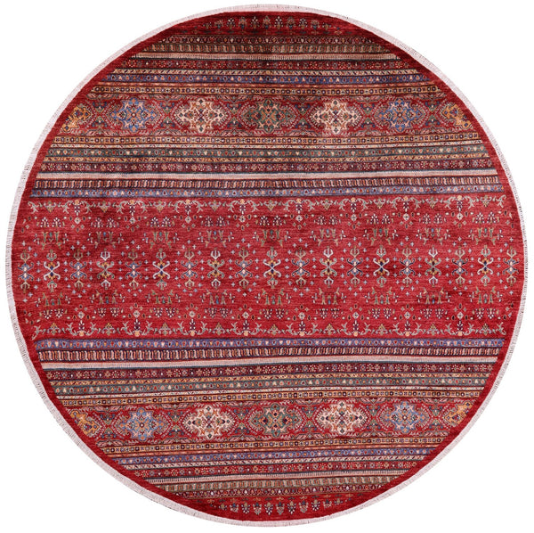 Red Round Khorjin Persian Gabbeh Hand Knotted Wool Rug - 9' 8" X 9' 9" - Golden Nile