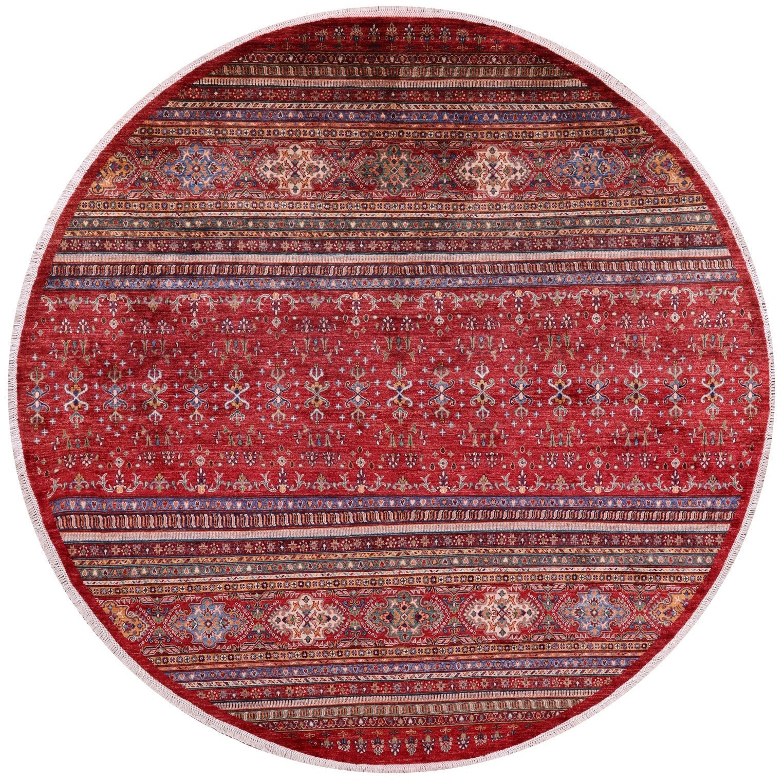 Red Round Khorjin Persian Gabbeh Hand Knotted Wool Rug - 9' 8" X 9' 9" - Golden Nile