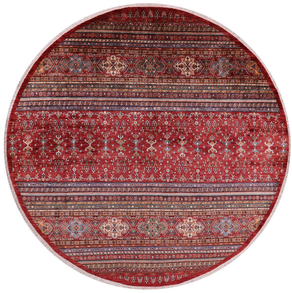 Red Round Khorjin Persian Gabbeh Hand Knotted Wool Rug - 9' 4" X 9' 7" - Golden Nile