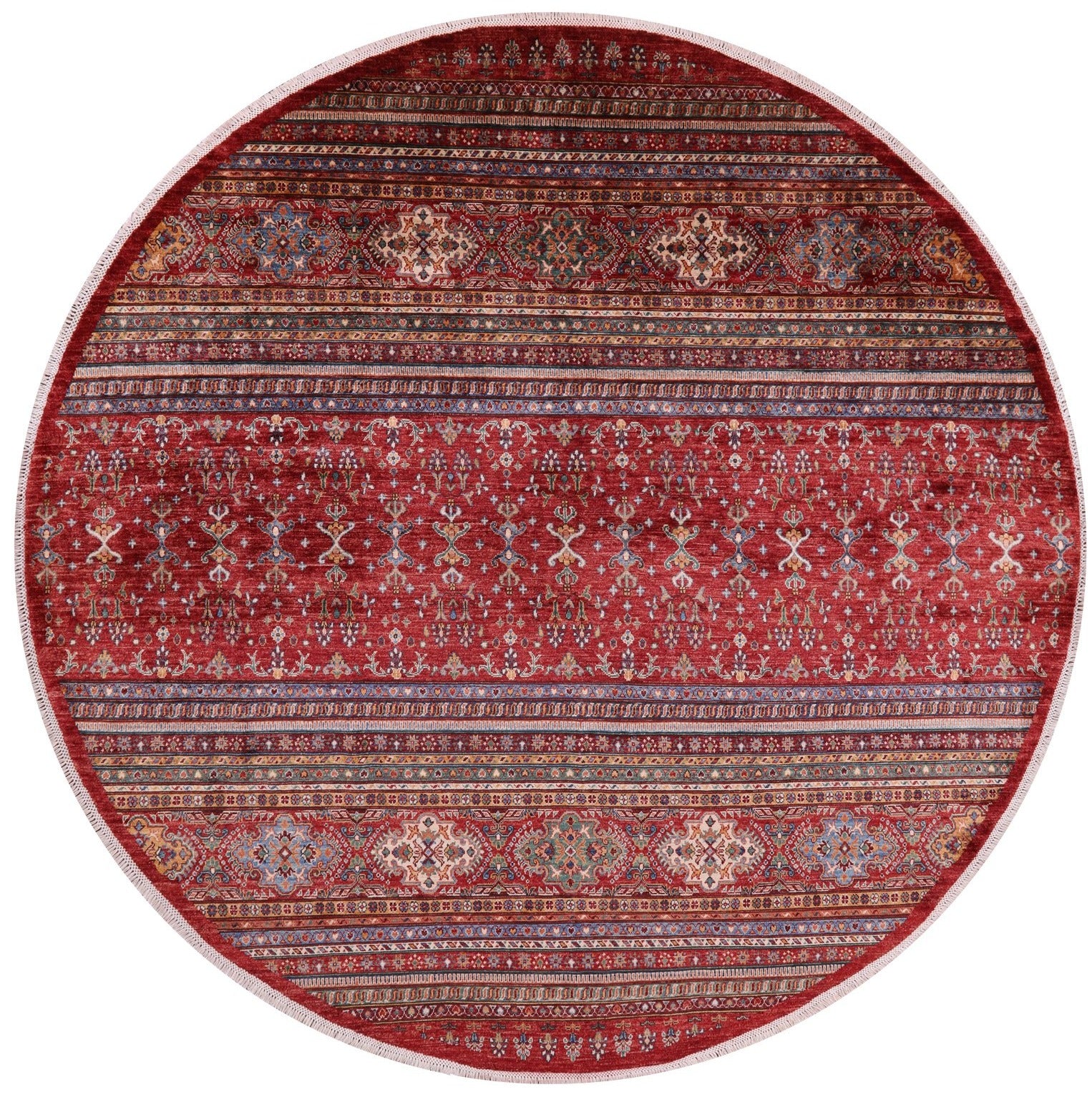 Red Round Khorjin Persian Gabbeh Hand Knotted Wool Rug - 9' 4" X 9' 7" - Golden Nile