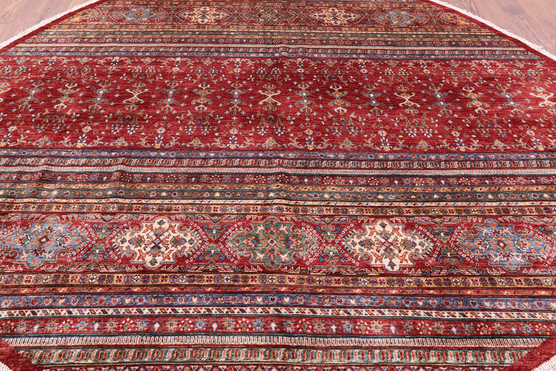 Red Round Khorjin Persian Gabbeh Hand Knotted Wool Rug - 9' 4" X 9' 7" - Golden Nile