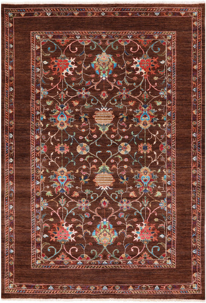 Brown Peshawar Handmade Wool Rug - 5' 7" X 8' 0" - Golden Nile