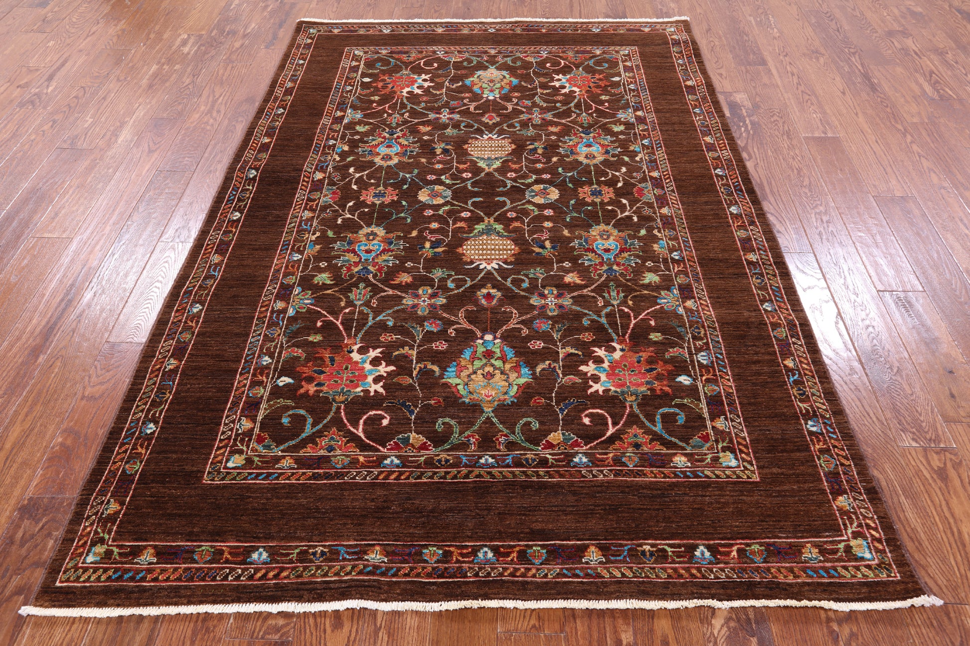 Brown Peshawar Handmade Wool Rug - 5' 7" X 8' 0" - Golden Nile