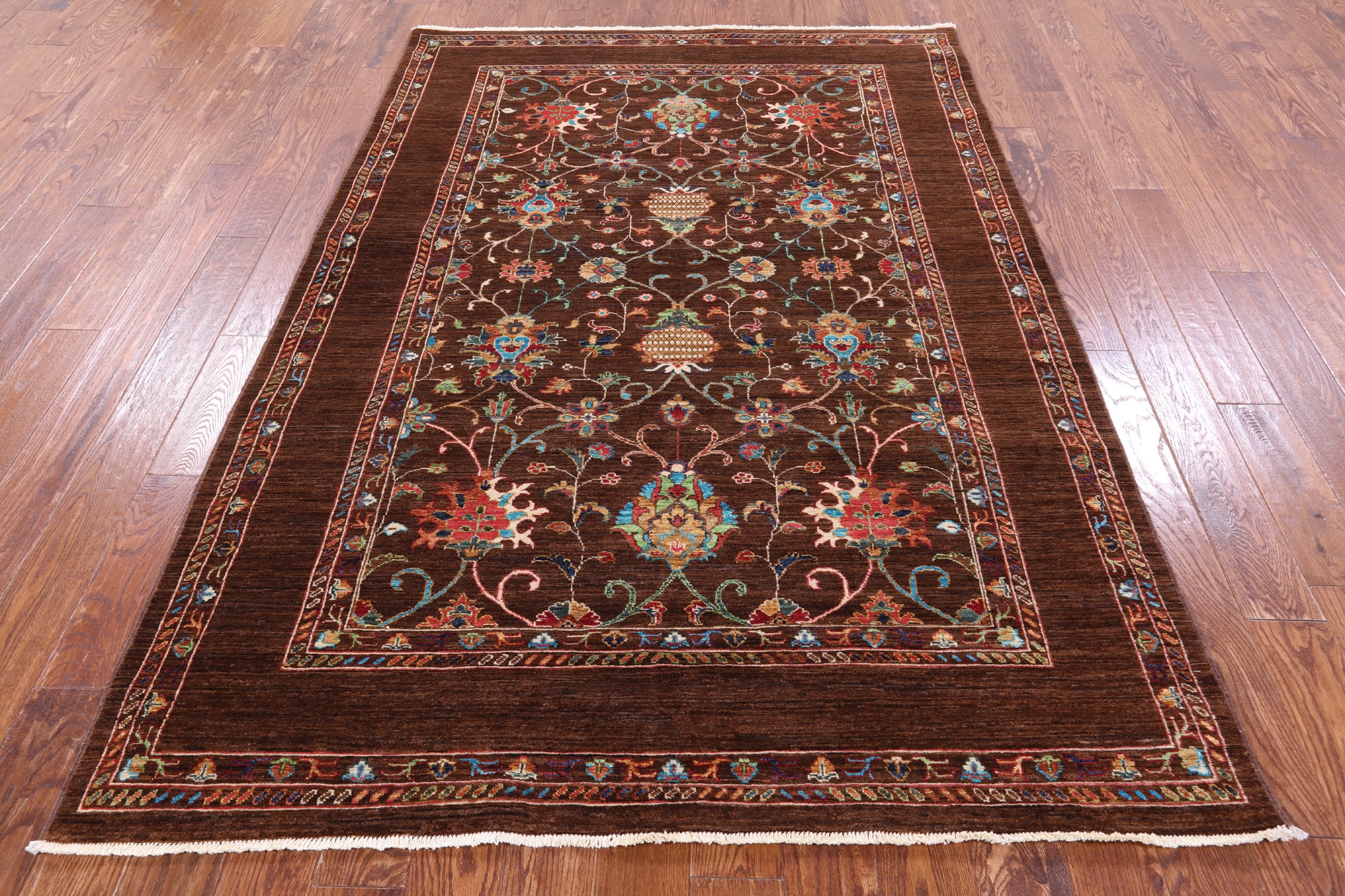 Brown Peshawar Handmade Wool Rug - 5' 7" X 8' 0" - Golden Nile