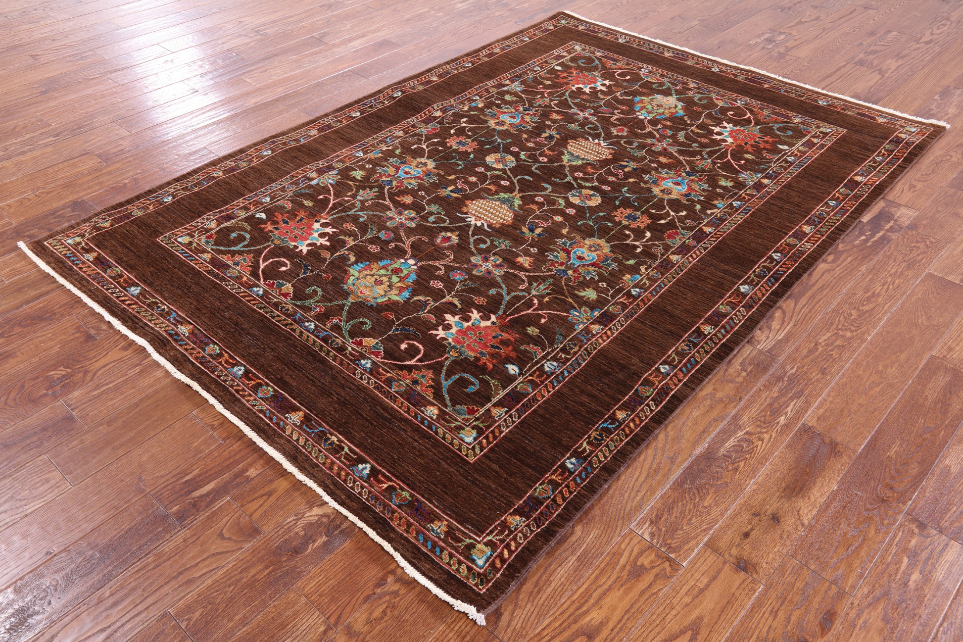 Brown Peshawar Handmade Wool Rug - 5' 7" X 8' 0" - Golden Nile