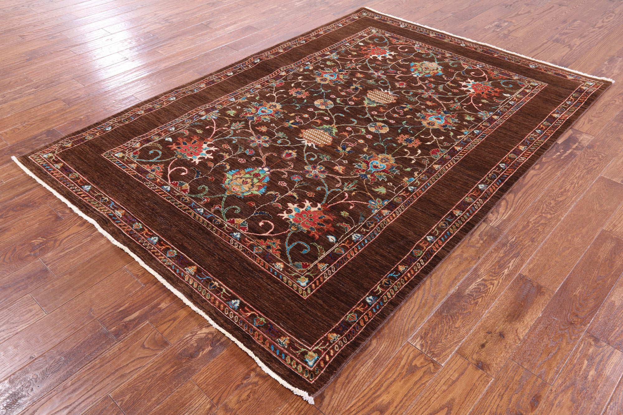 Brown Peshawar Handmade Wool Rug - 5' 7" X 8' 0" - Golden Nile