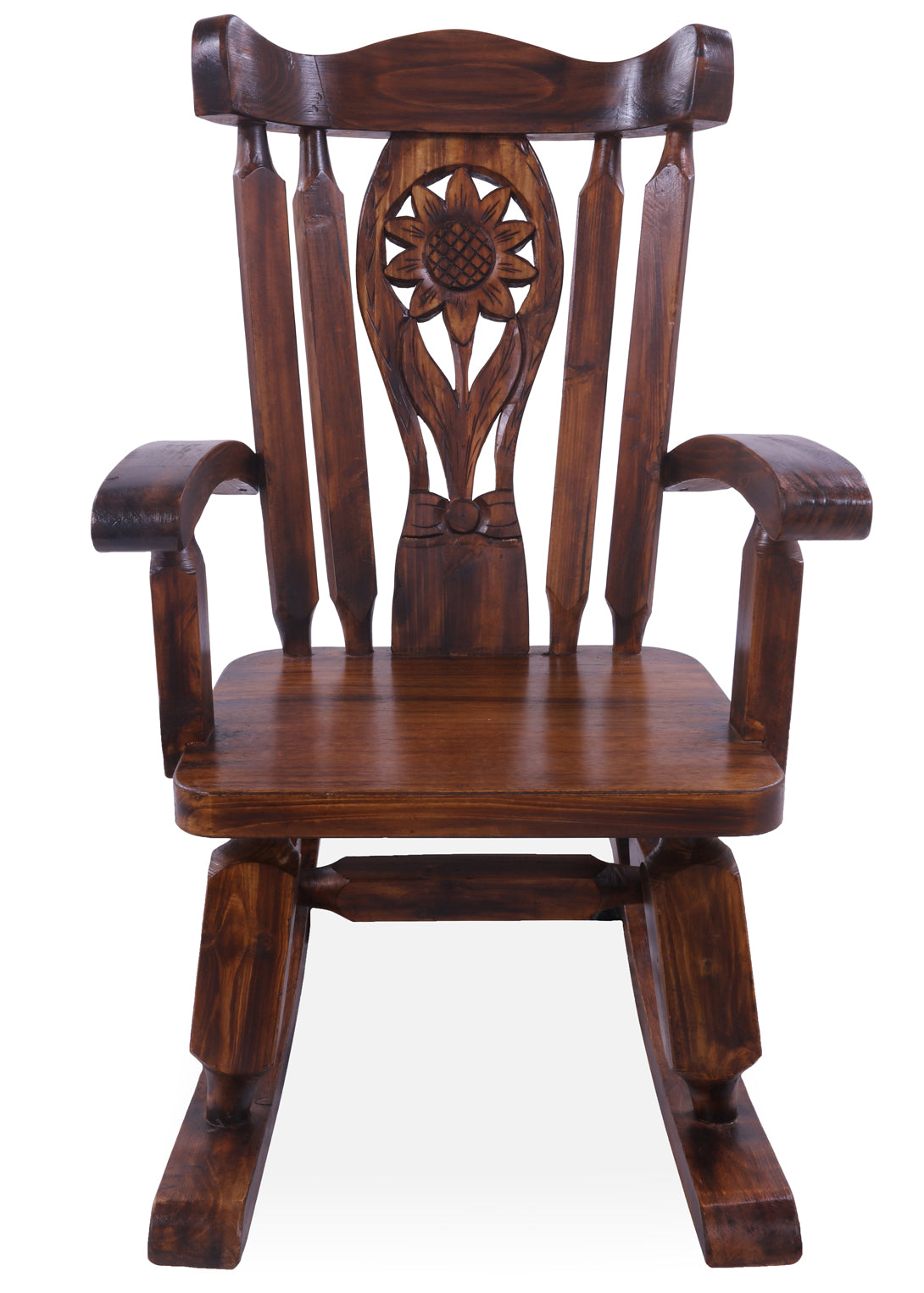 Wooden Rocking Chair Handcarved Back Sunflower Removable Hair-On Cowhide Pillow - Golden Nile