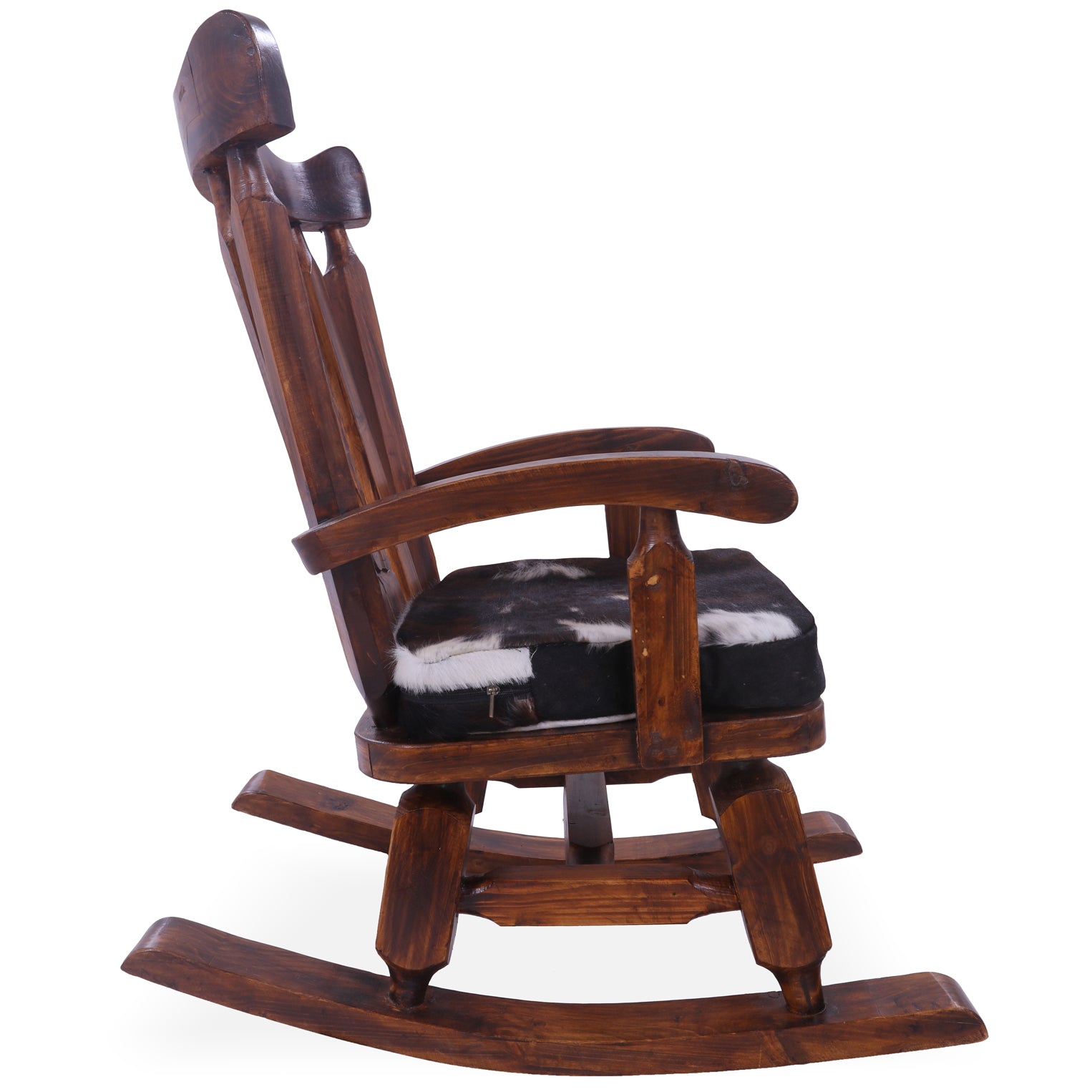 Wooden Rocking Chair Handcarved Back Sunflower Removable Hair-On Cowhide Pillow - Golden Nile