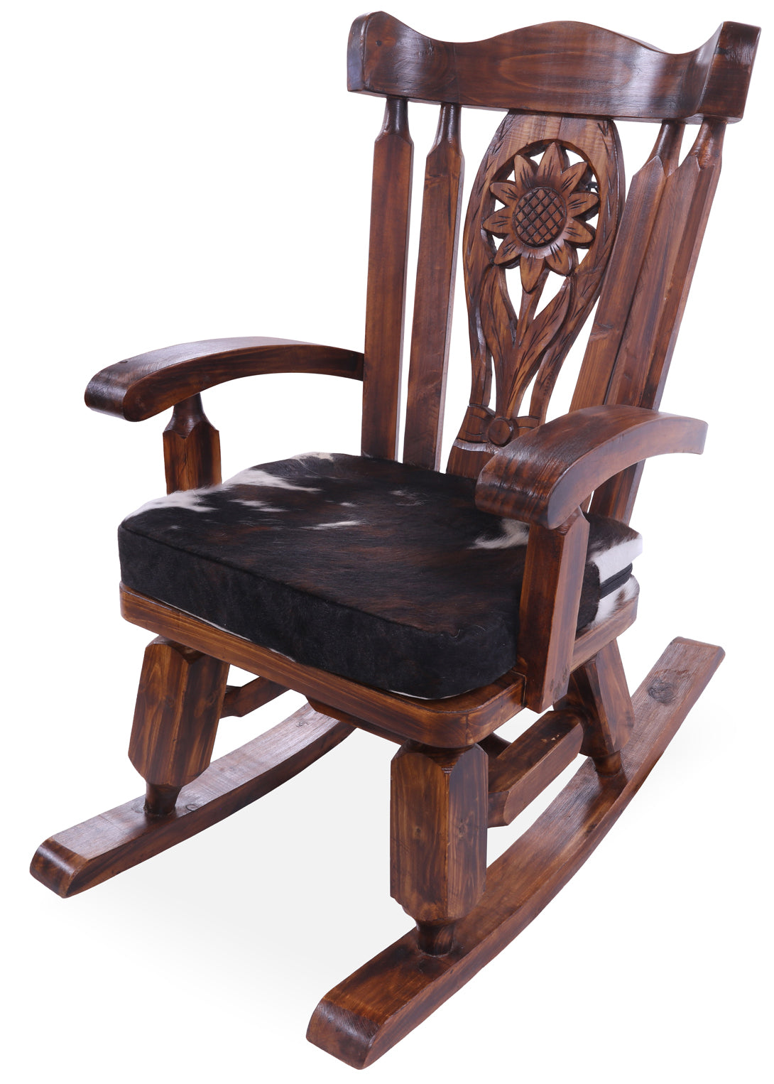 Wooden Rocking Chair Handcarved Back Sunflower Removable Hair-On Cowhide Pillow - Golden Nile