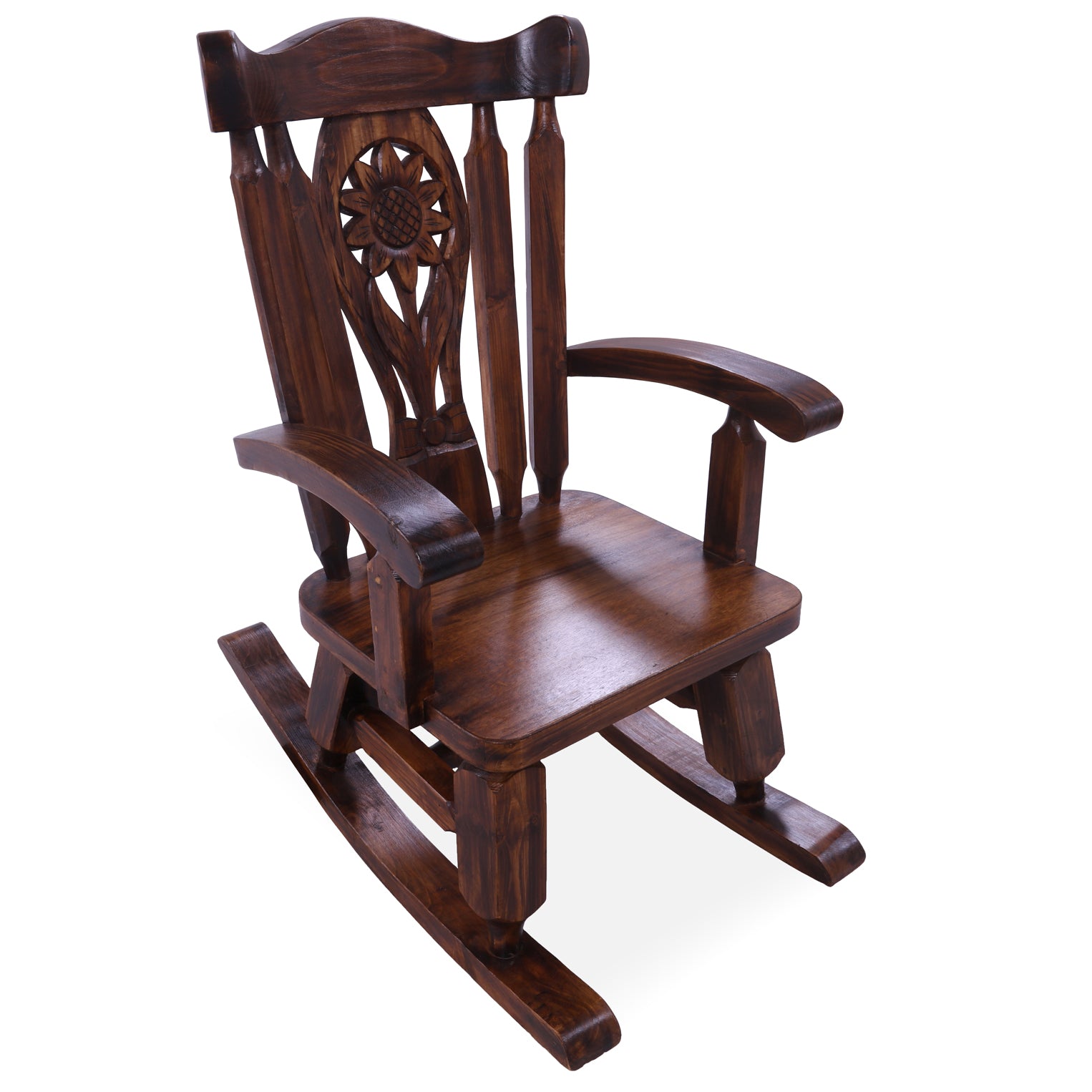 Wooden Rocking Chair Handcarved Back Sunflower Removable Hair-On Cowhide Pillow - Golden Nile