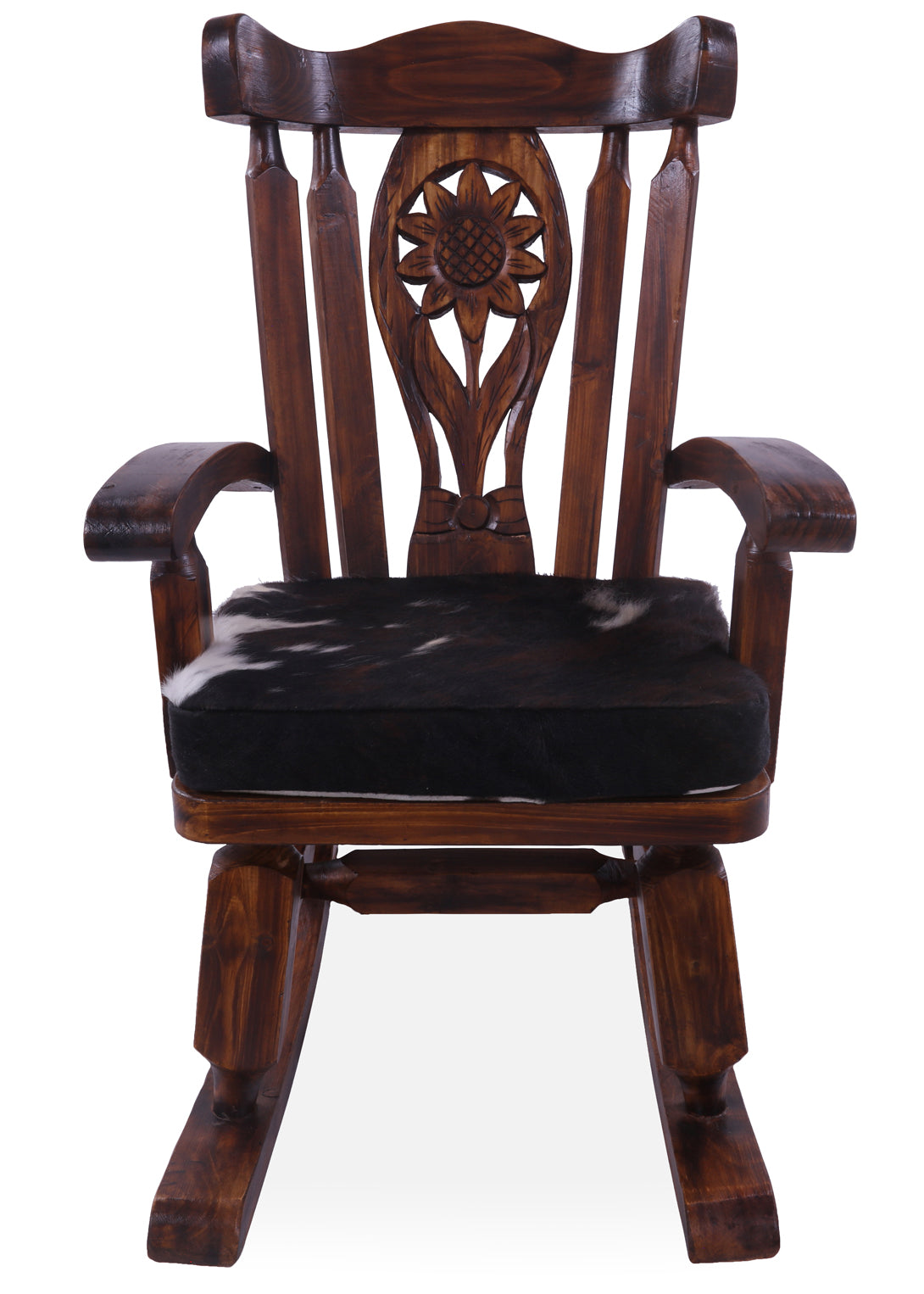 Wooden Rocking Chair Handcarved Back Sunflower Removable Hair-On Cowhide Pillow - Golden Nile