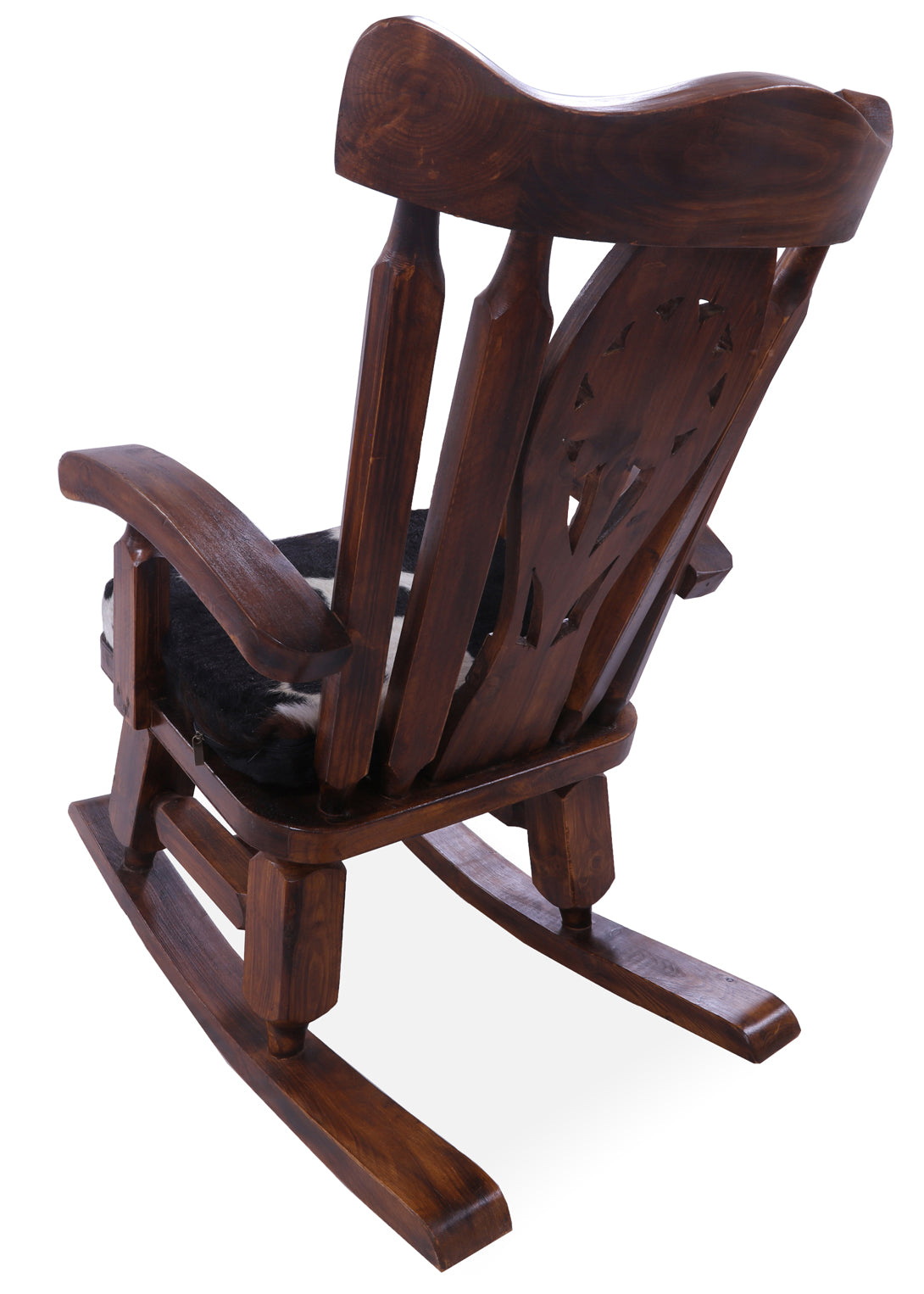 Wooden Rocking Chair Handcarved Back Sunflower Removable Hair-On Cowhide Pillow - Golden Nile